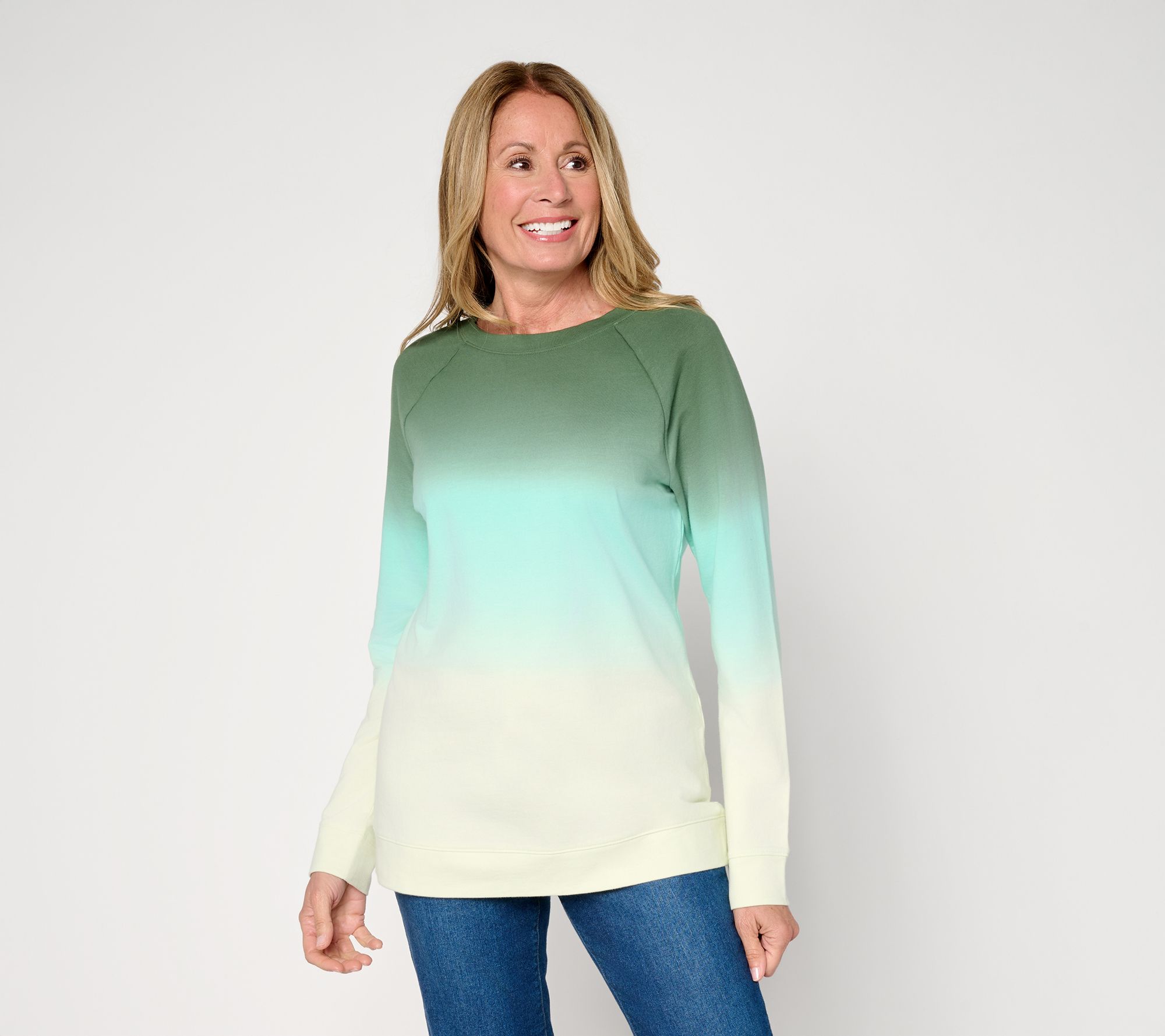 "As Is" Denim & Co. French Terry Dip Dye Crew Neck Raglan Top