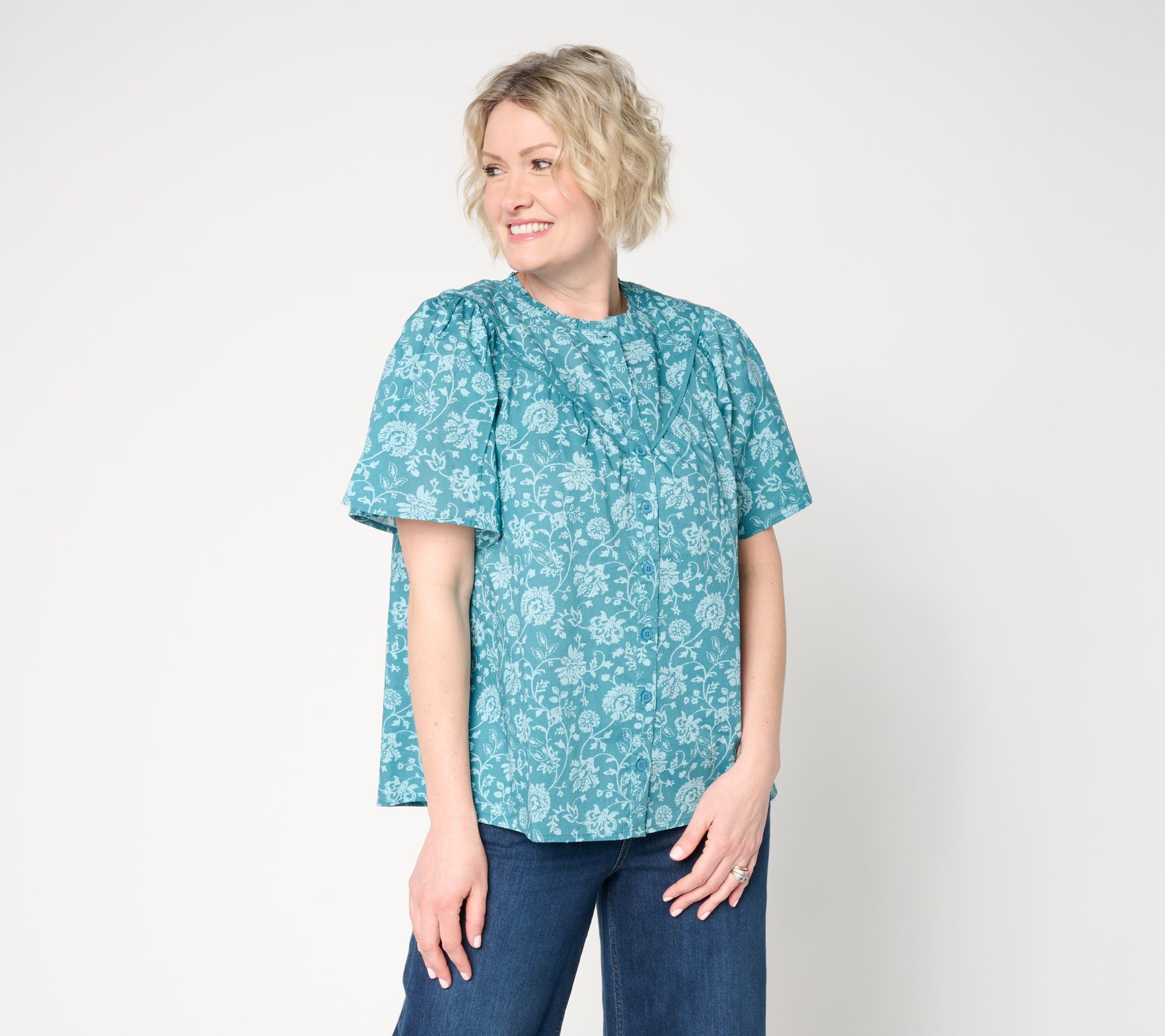 "As Is" LOGO by Lori Goldstein Button Front Printed Cotton Blouse