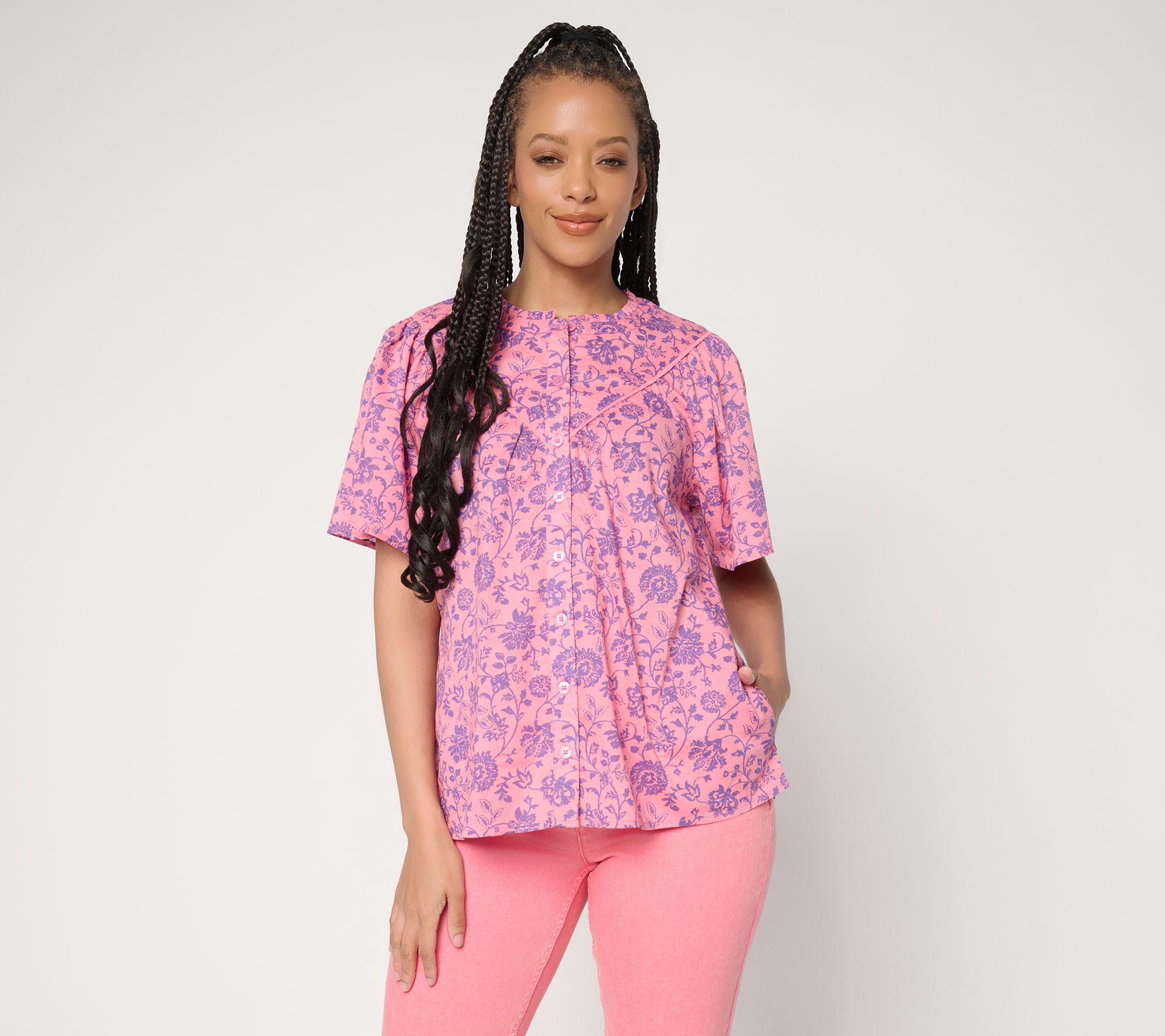 "As Is" LOGO by Lori Goldstein Button Front Printed Cotton Blouse