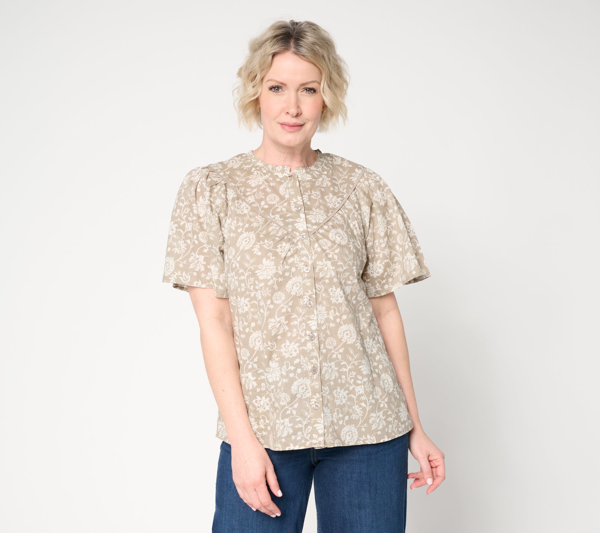 "As Is" LOGO by Lori Goldstein Button Front Printed Cotton Blouse