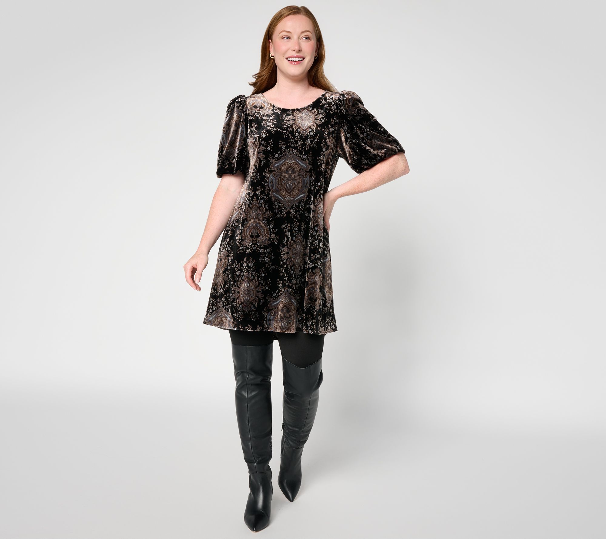 Susan Graver Petite Printed Velvet Blouson Sleeve Tunic