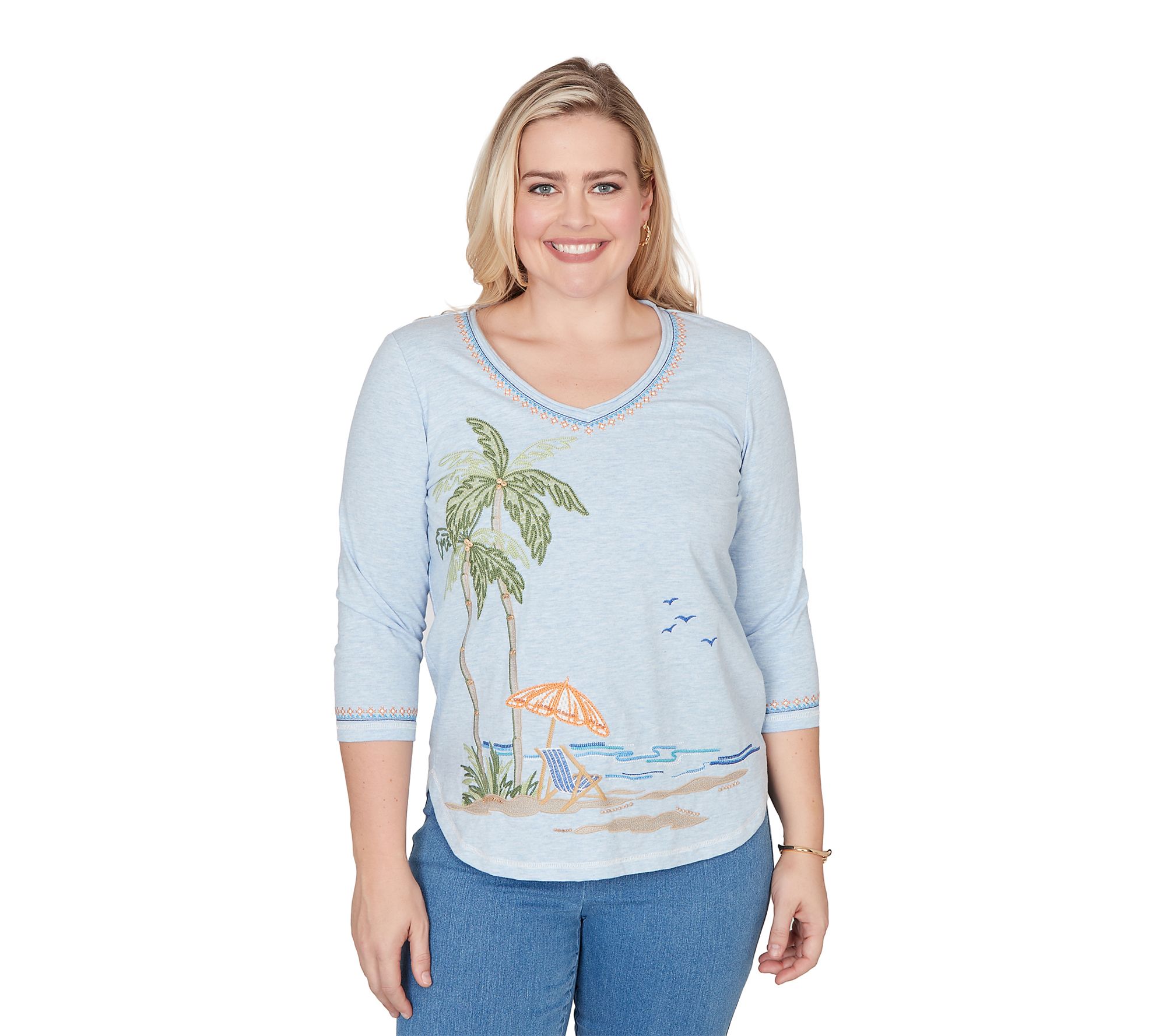 Alfred Dunner Petite Scenic Palm Tree Embroidered Top