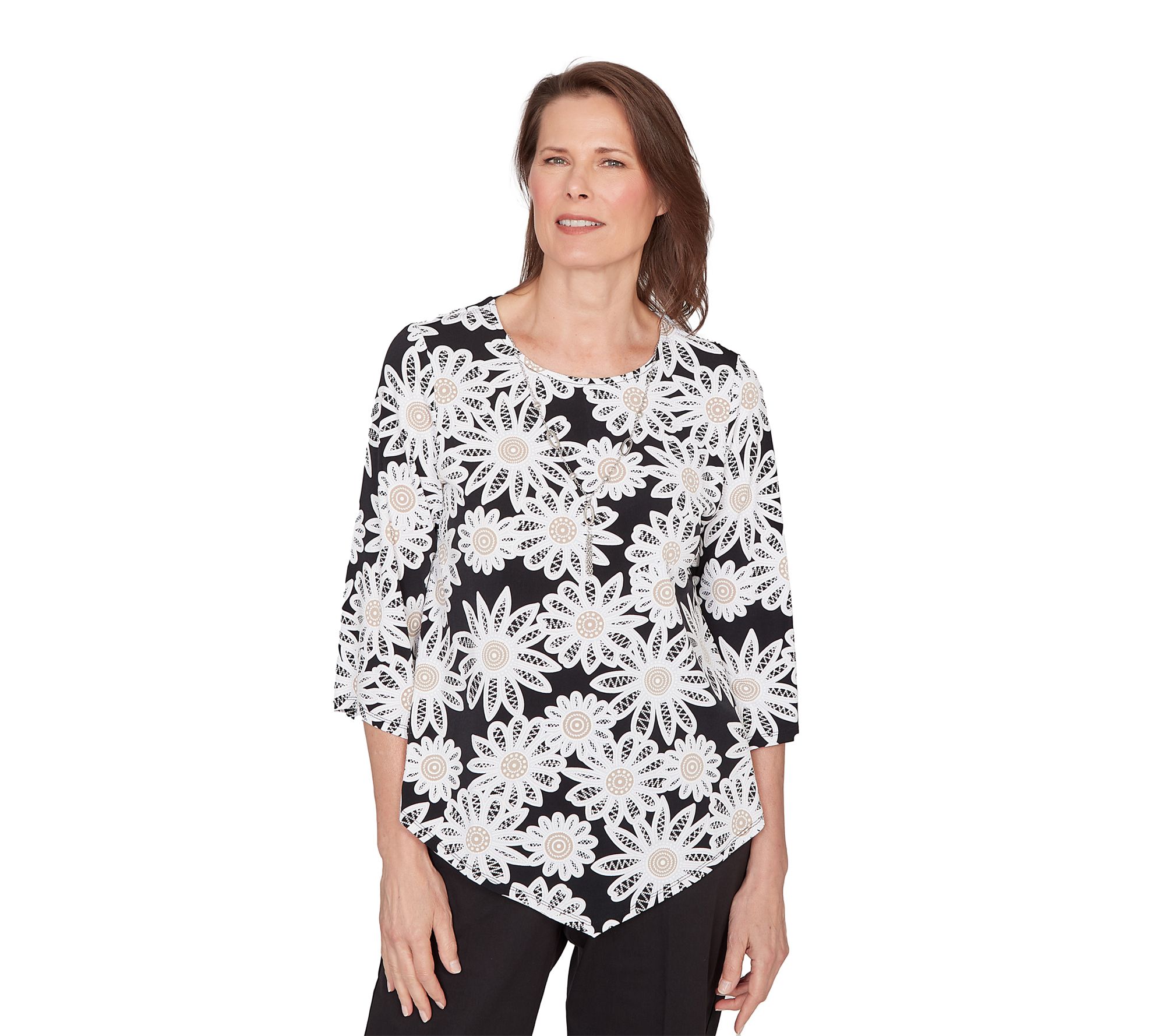 Alfred Dunner Women's Daisy Pointed Hem Top with Necklace - QVC.com
