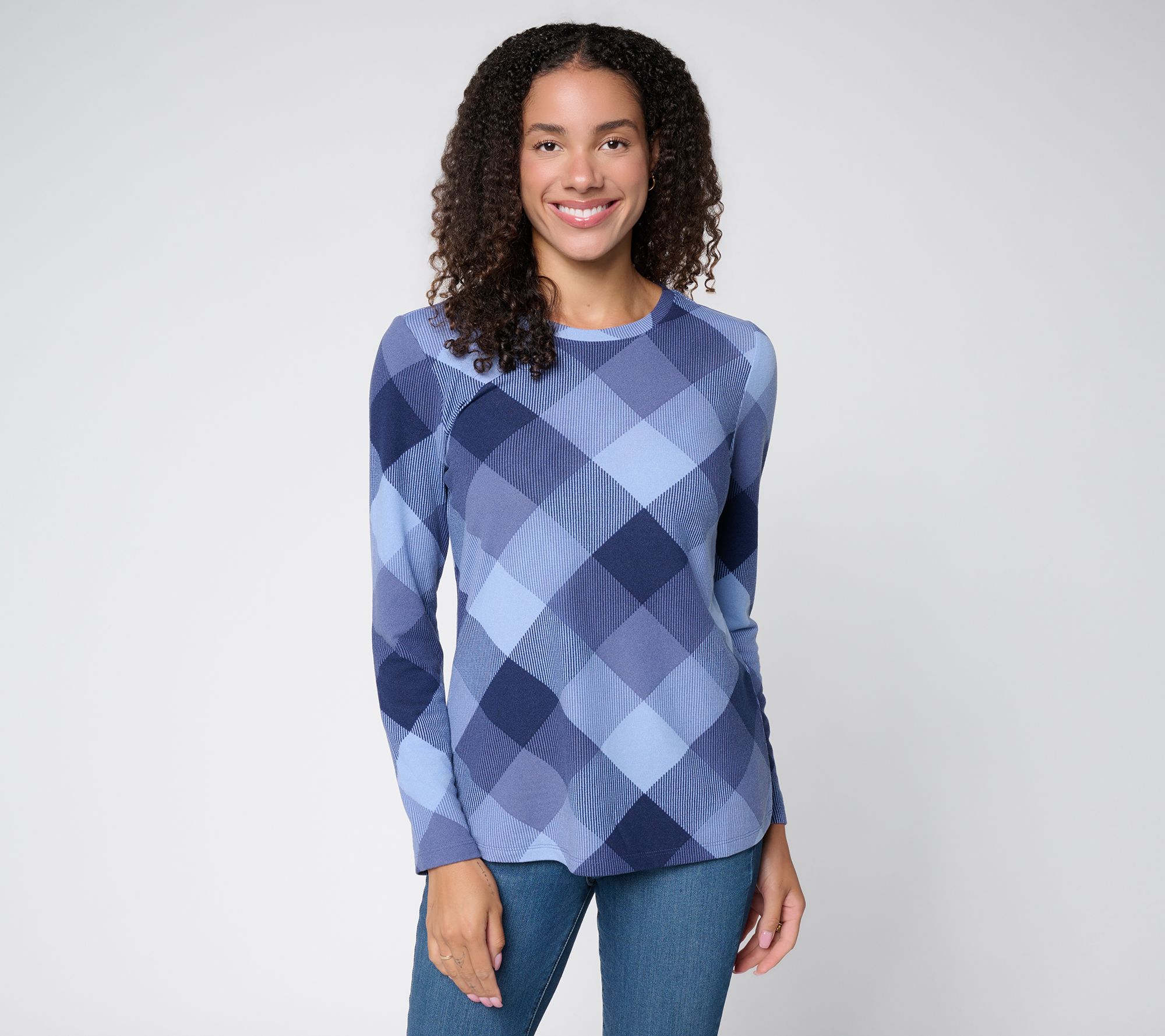 Denim & Co. Heavenly Jersey Plaid Round Neck Long Sleeve Top
