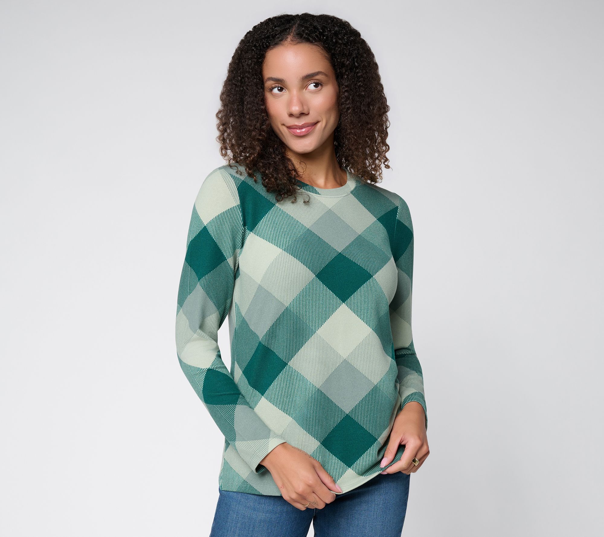 Denim & Co. Heavenly Jersey Plaid Round Neck Long Sleeve Top