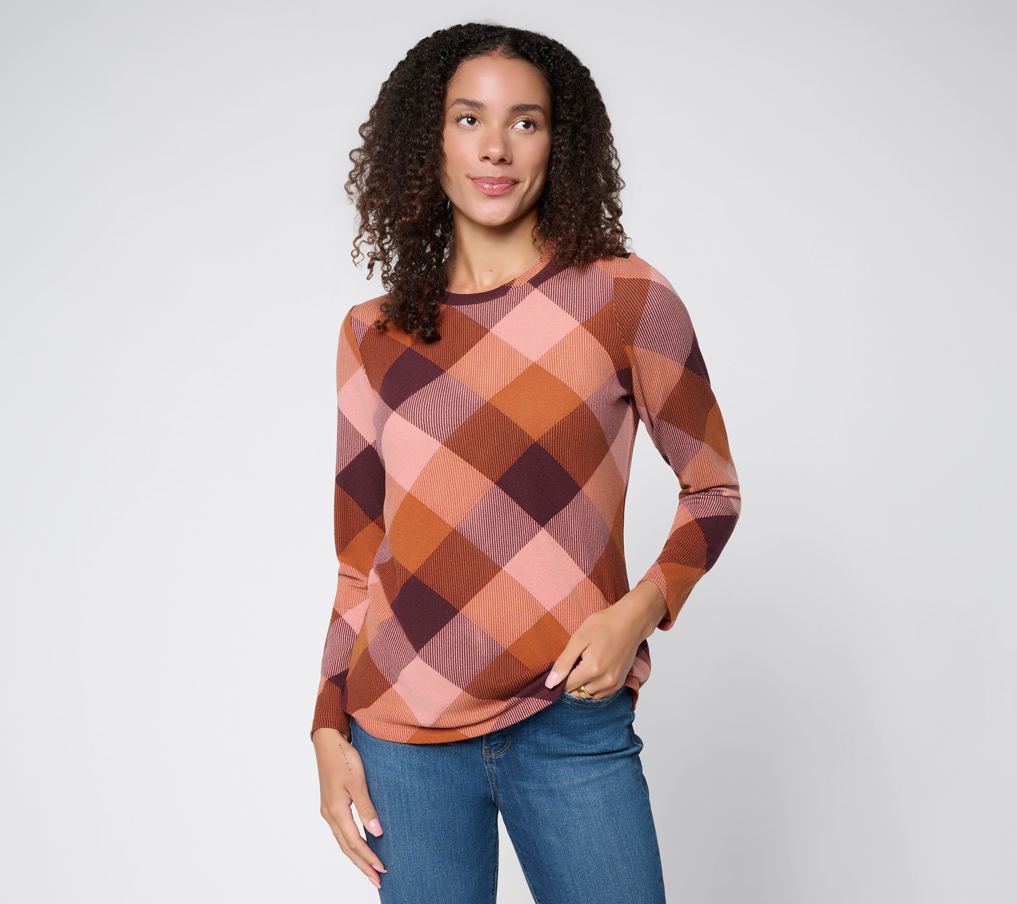 Denim & Co. Heavenly Jersey Plaid Round Neck Long Sleeve Top
