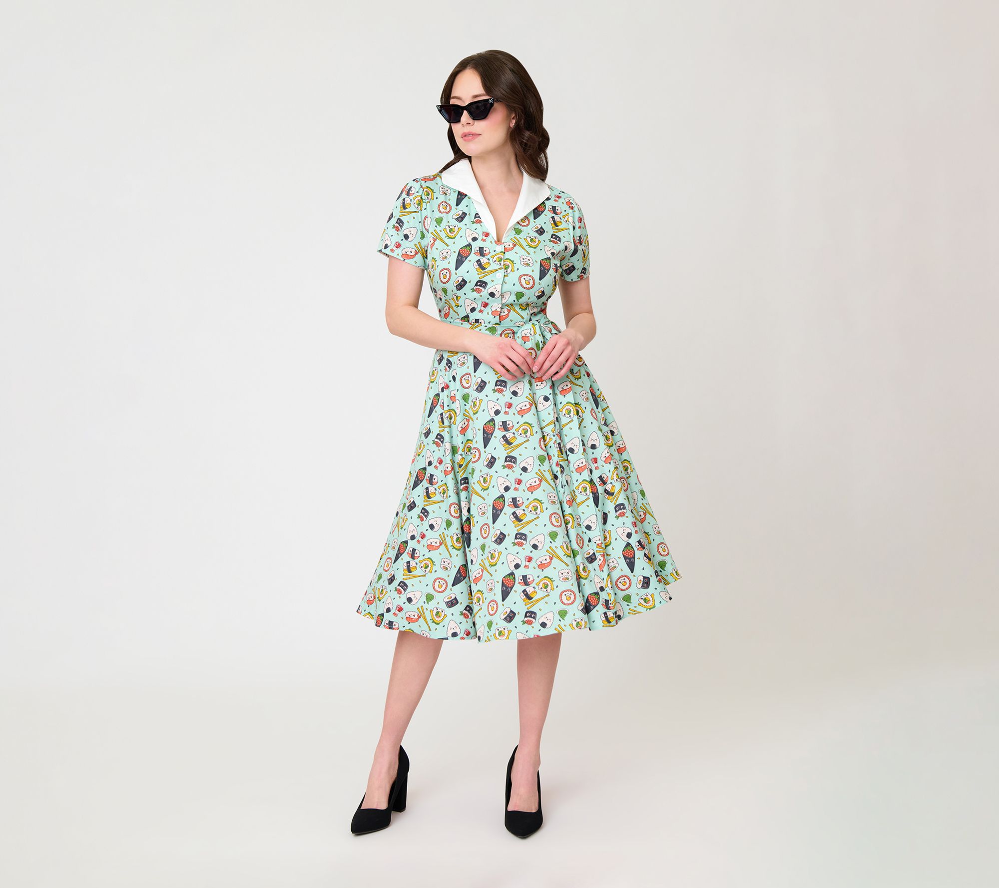 Unique Vintage Mint Sushi Print Shirt Dress