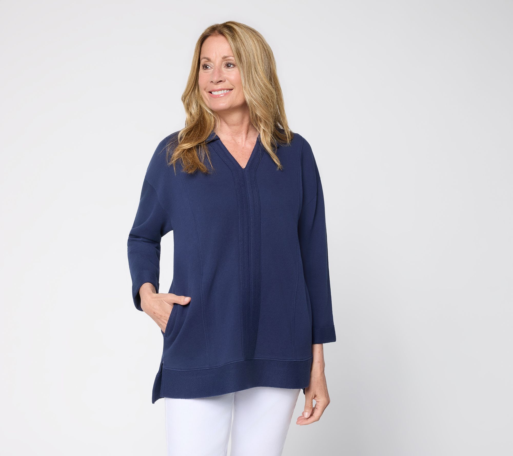 "As Is" Denim & Co. Beach Petite Tideline Terry Split Neck Tunic