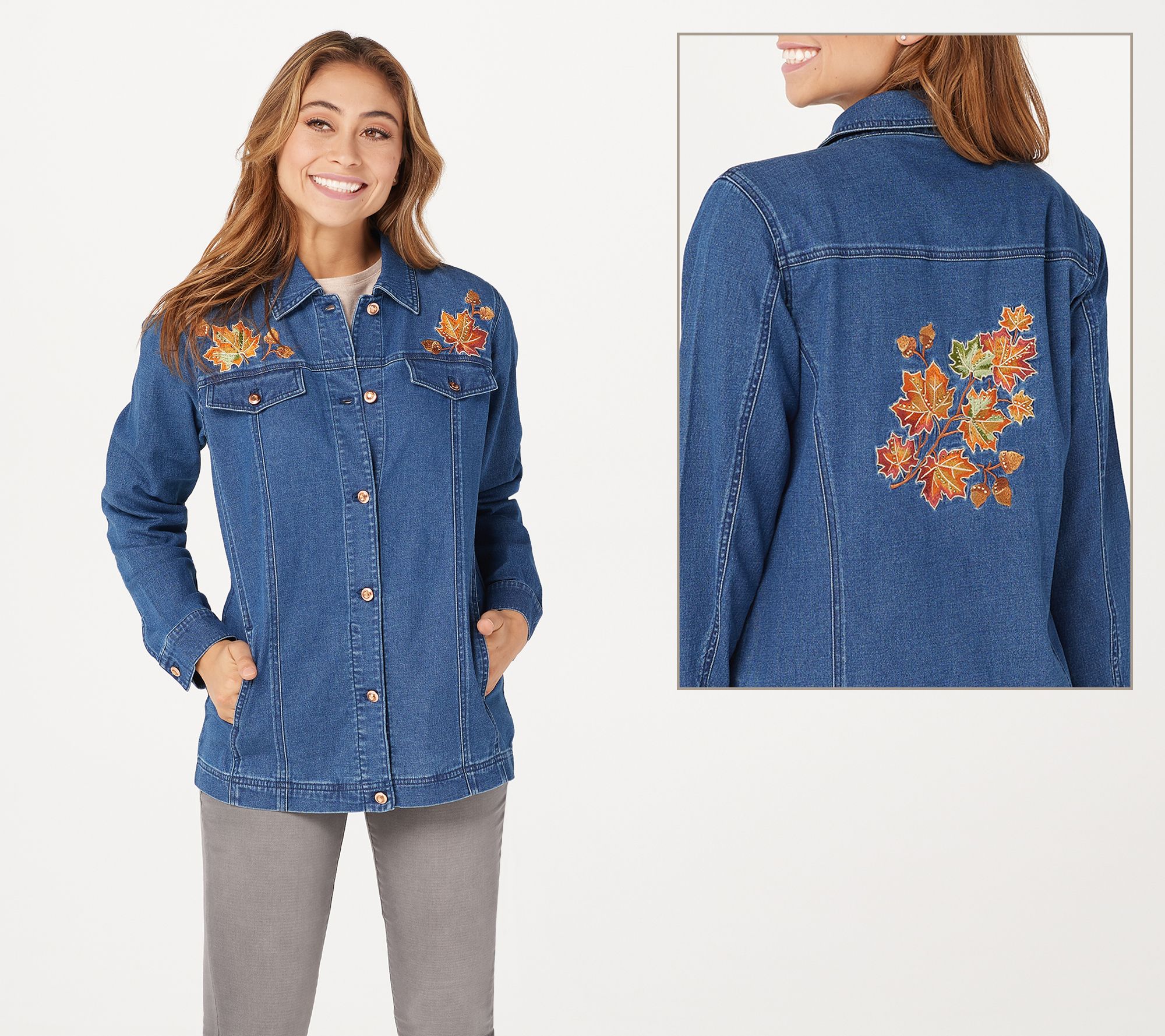 Quacker Factory Embroidered Button Front Denim Jacket with Pockets - QVC.com