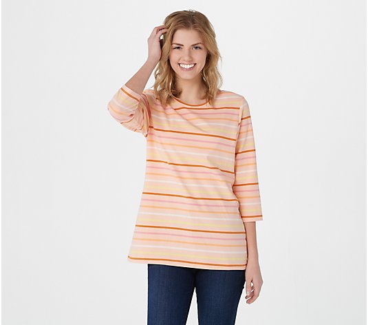 Denim & Co. Yarn Dye Stripe Perfect Jersey Round-Neck 3/4- Sleeve Top