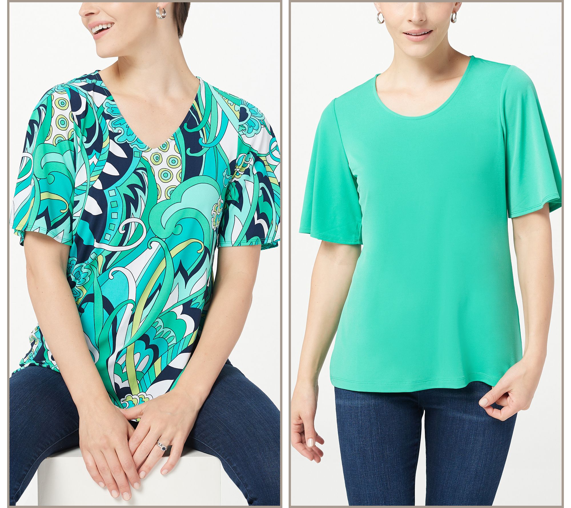"As Is" Susan Graver Set of Two Print and Solid Liquid Knit Tops