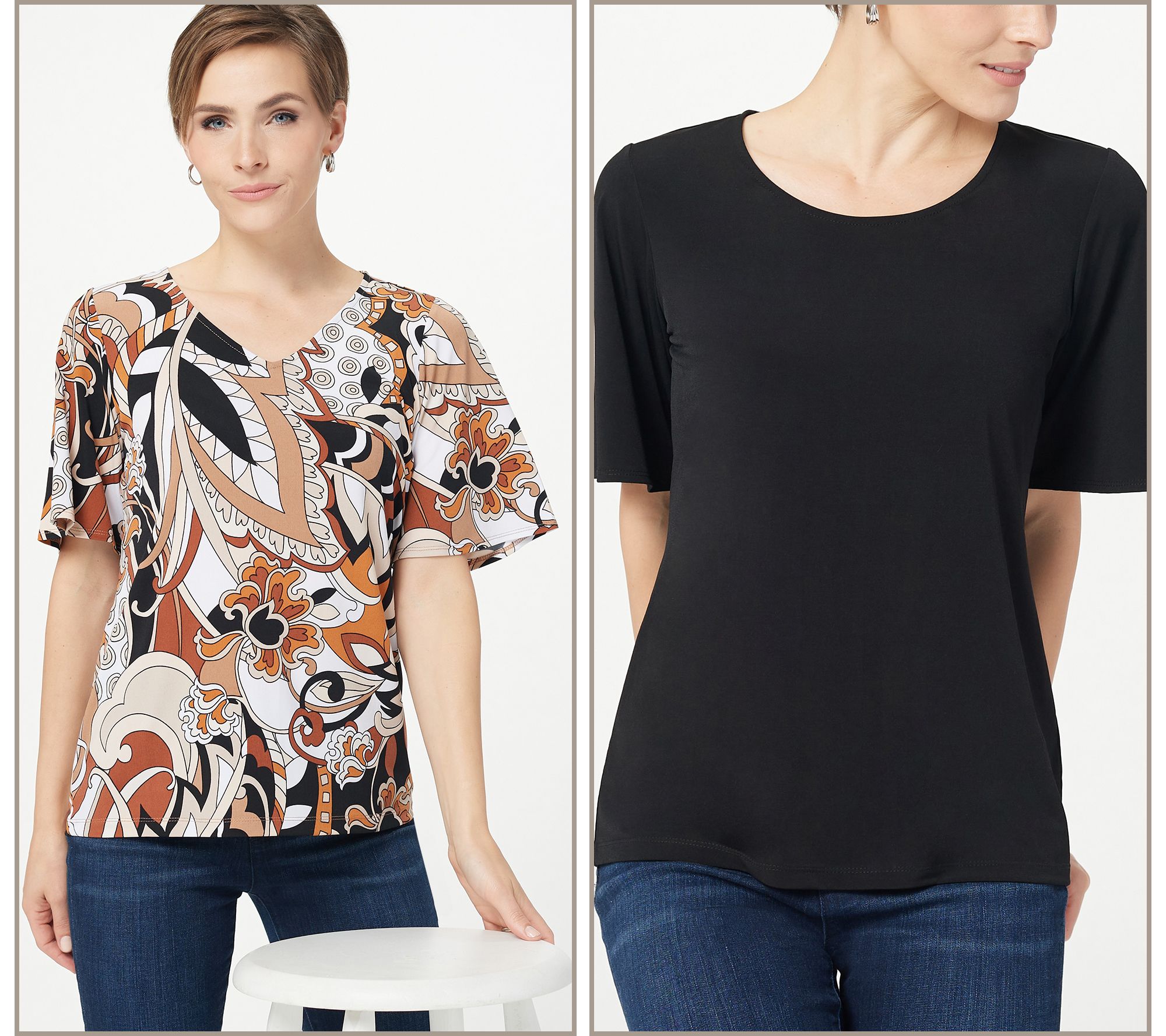 "As Is" Susan Graver Set of Two Print and Solid Liquid Knit Tops