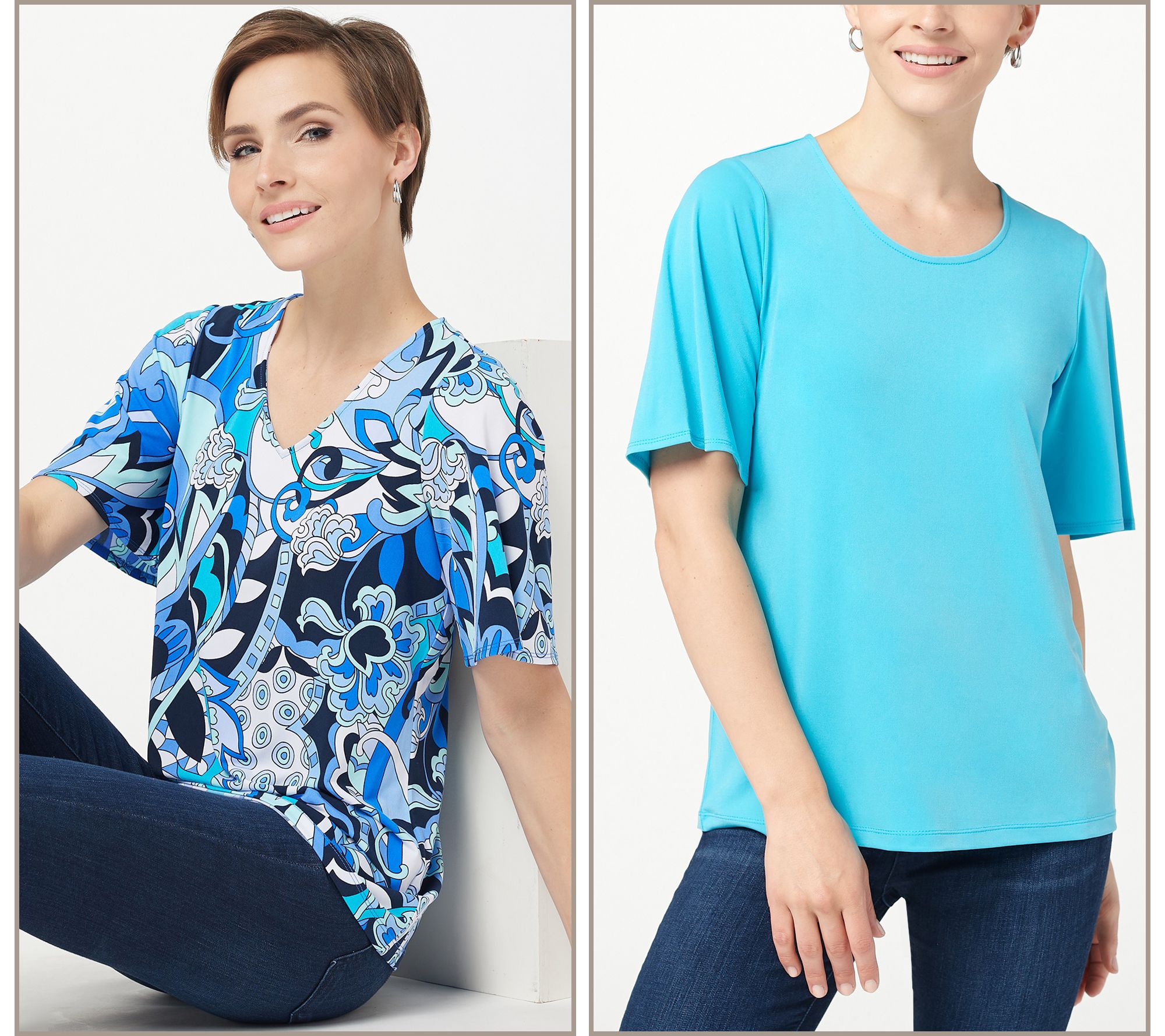 "As Is" Susan Graver Set of Two Print and Solid Liquid Knit Tops