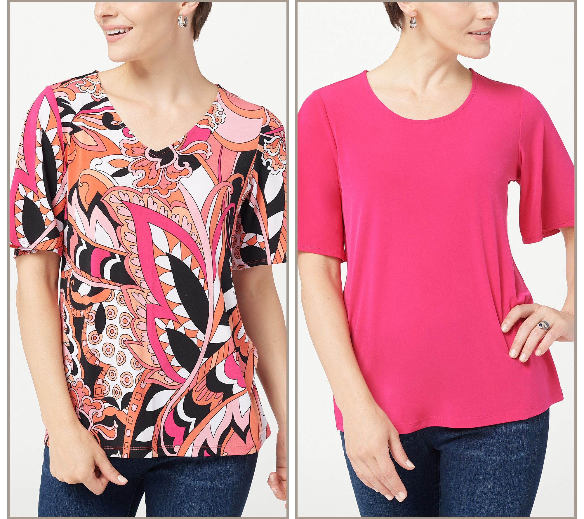 "As Is" Susan Graver Set of Two Print and Solid Liquid Knit Tops