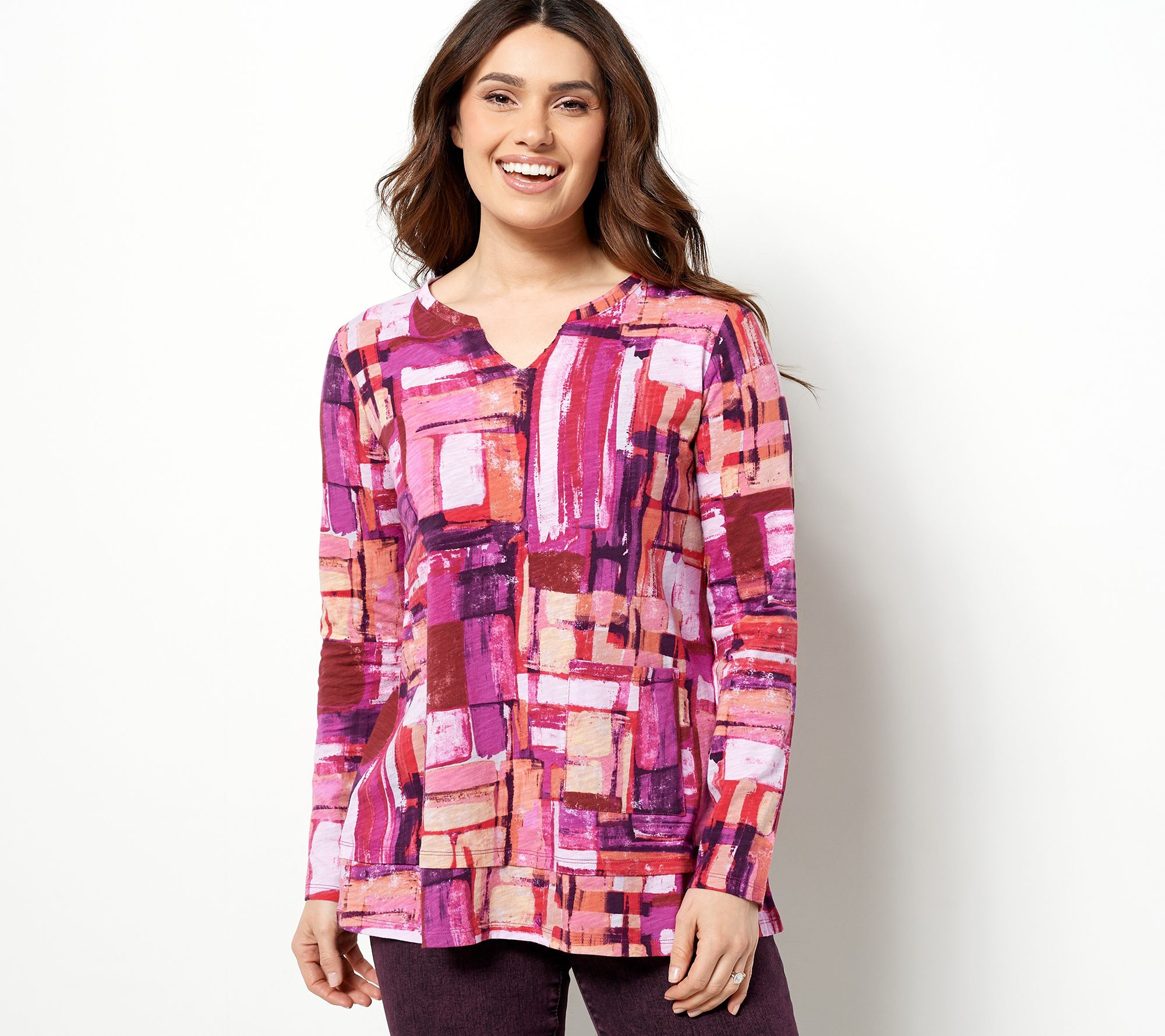 LOGO by Lori Goldstein Printed Cotton Slub Split Neck Top