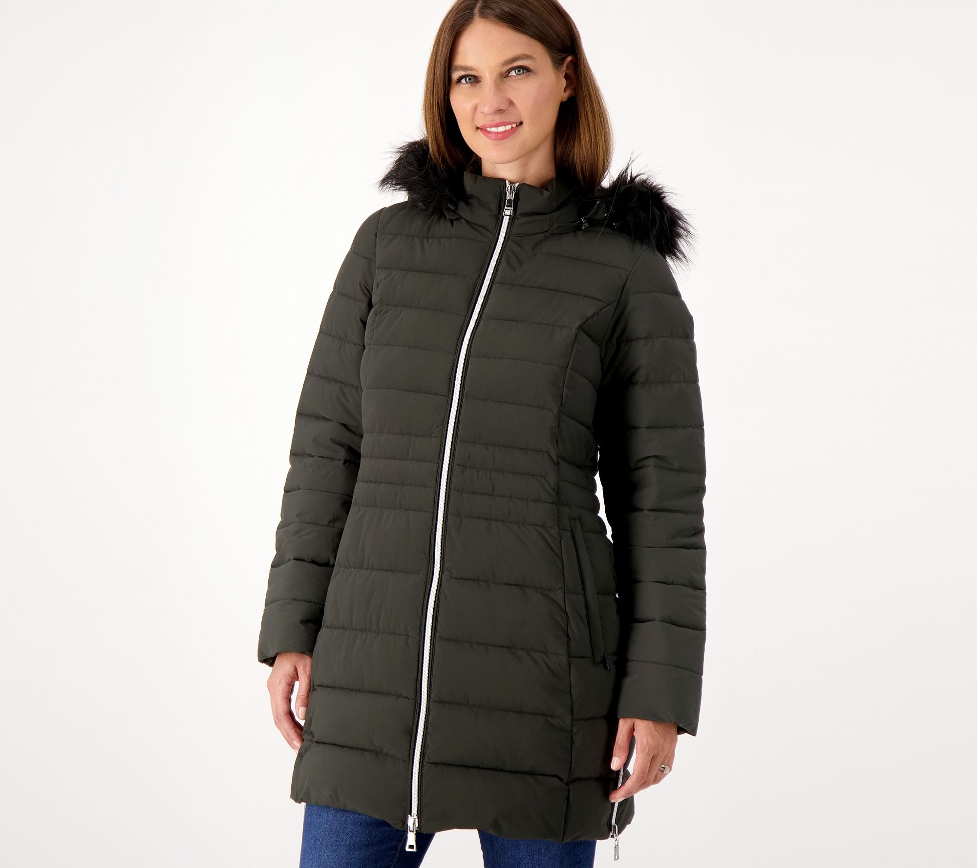 Nuage Regular Stretch Puffer Coat w/ Removable Faux Fur Trim Hood