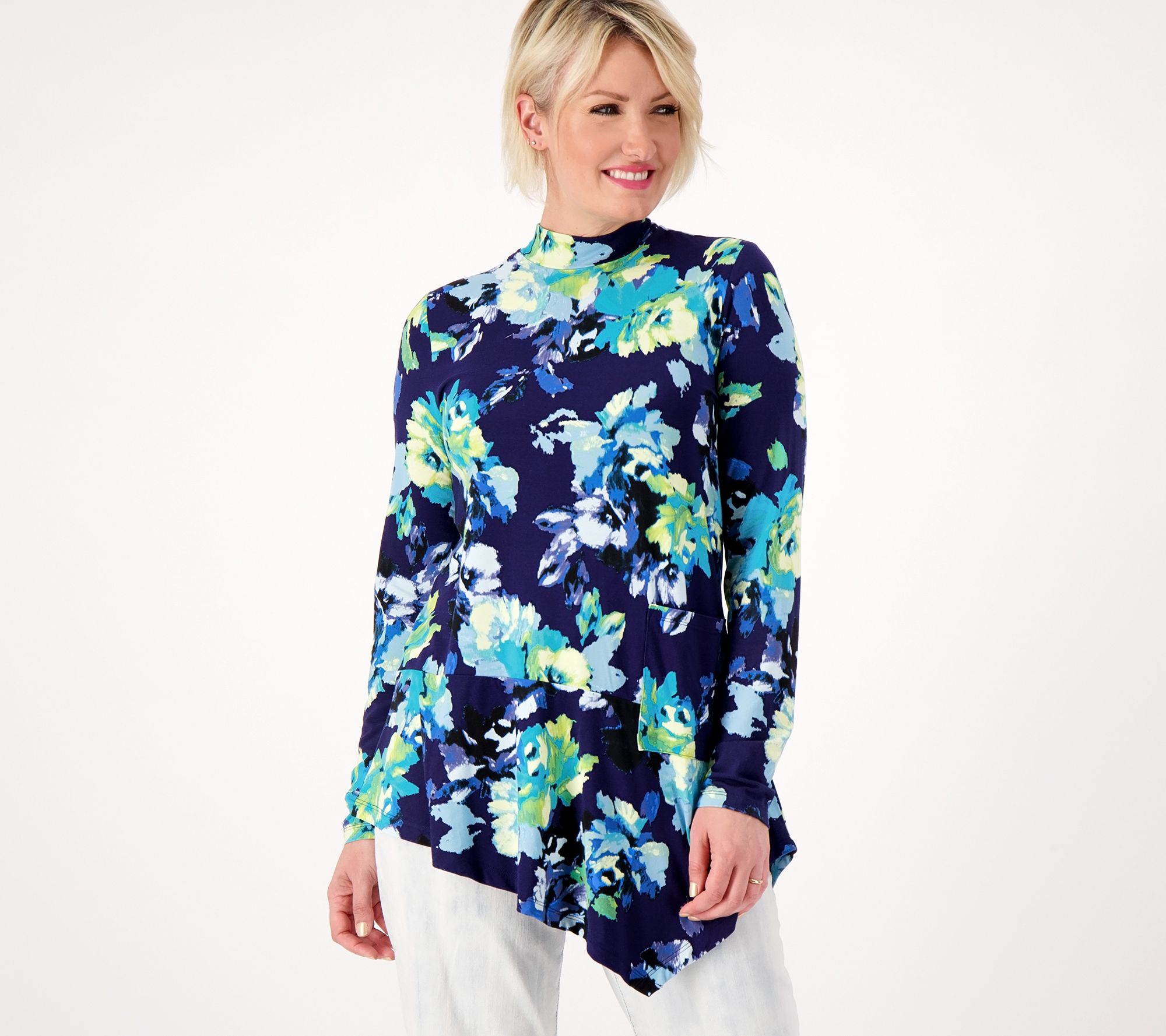 LOGO by Lori Goldstein Rayon 230 Print or Solid Asymmetric Top