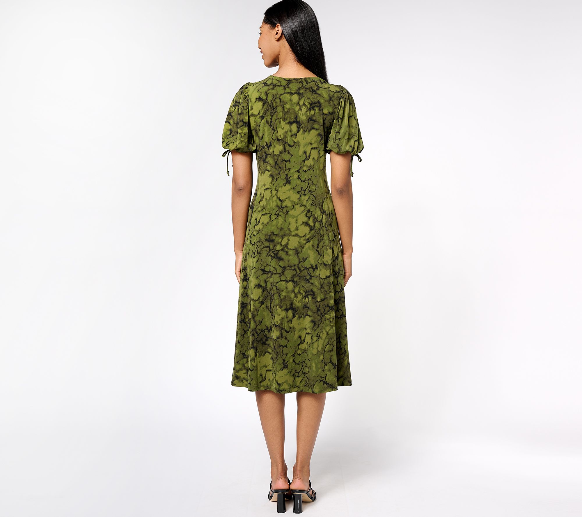 Susan Graver Petite Printed Liquid Knit Elbow Sleeve Midi Dress
