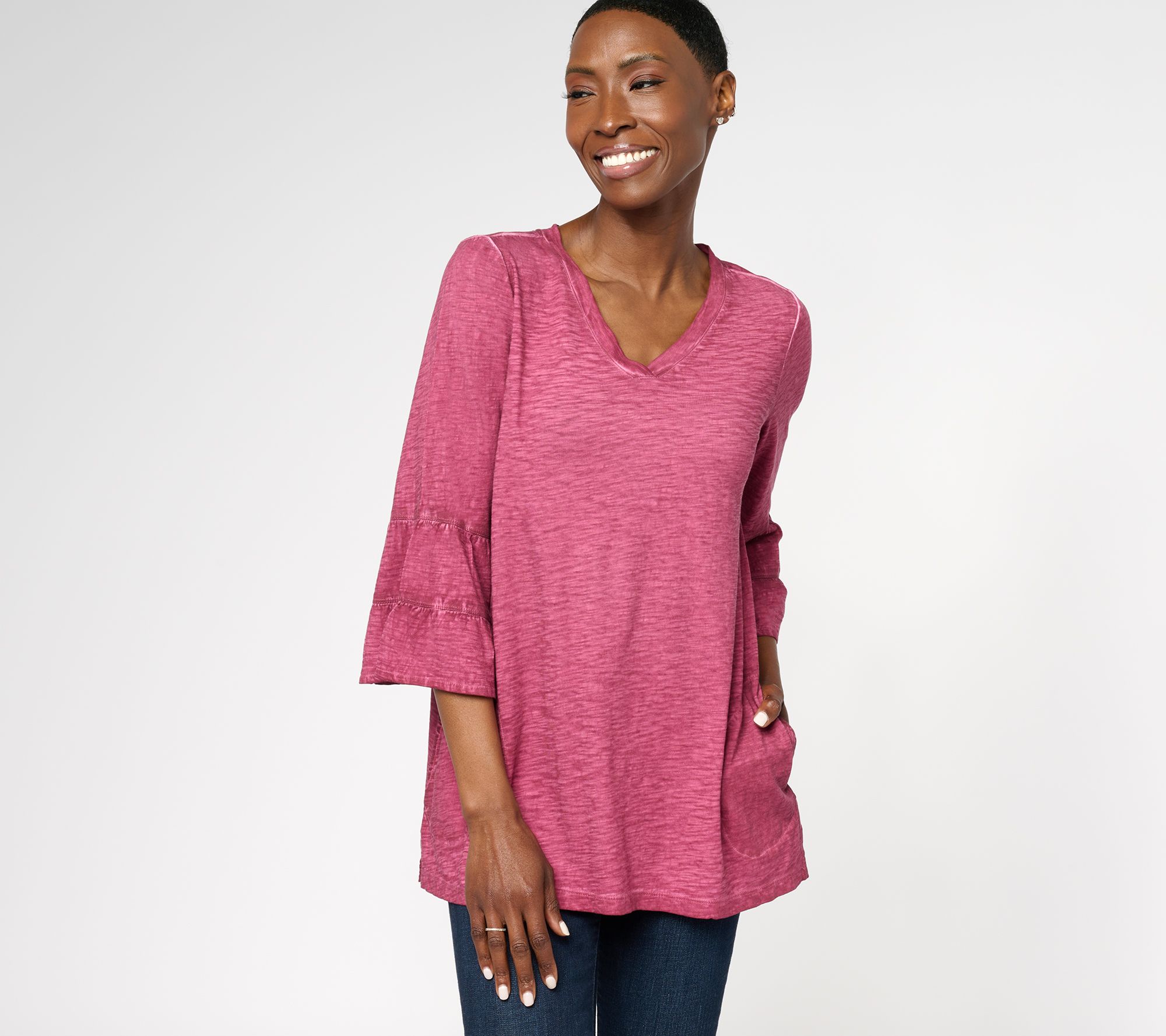 LOGO by Lori Goldstein Distressed Cotton V-Neck Top