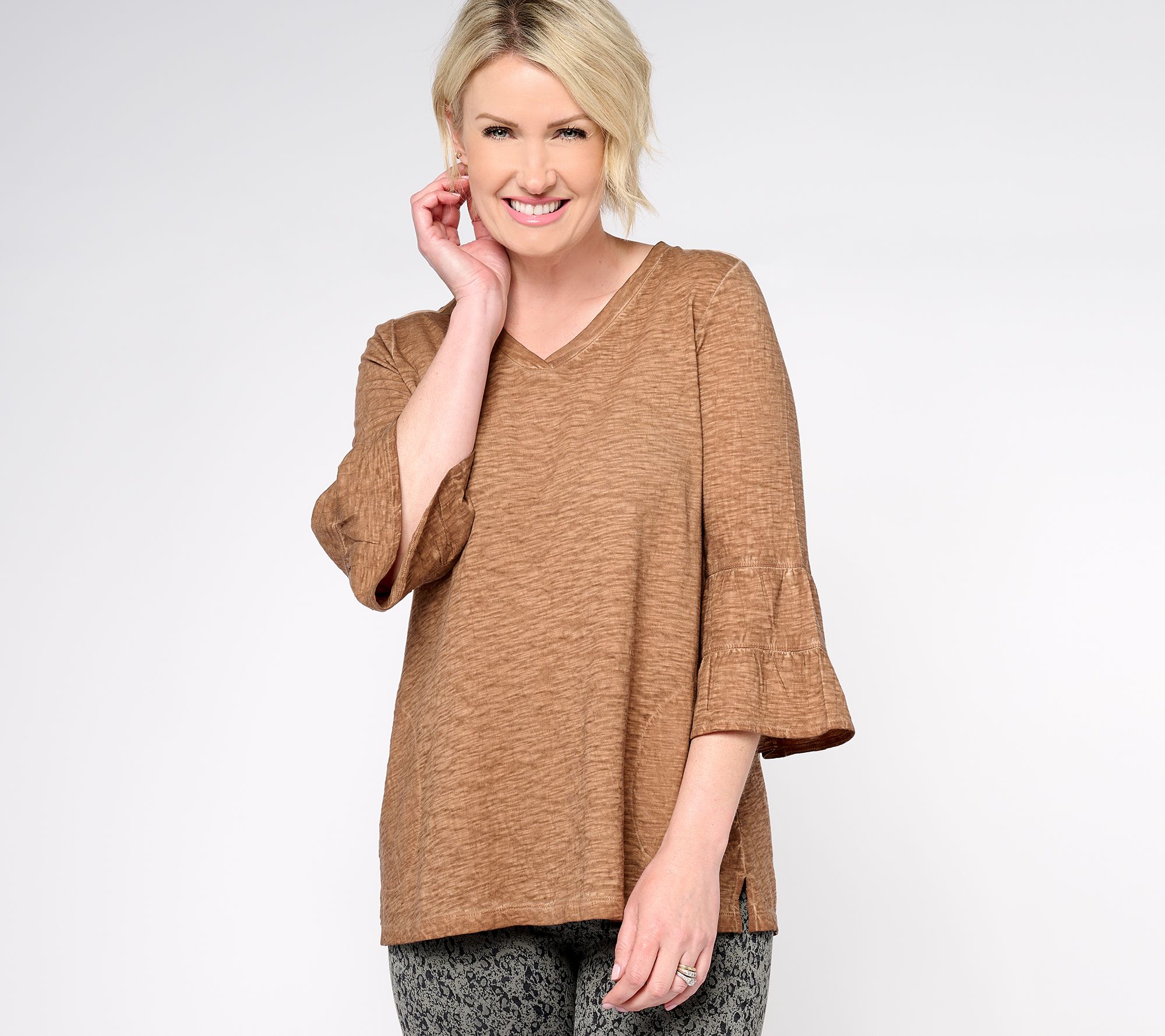 LOGO by Lori Goldstein Distressed Cotton V-Neck Top