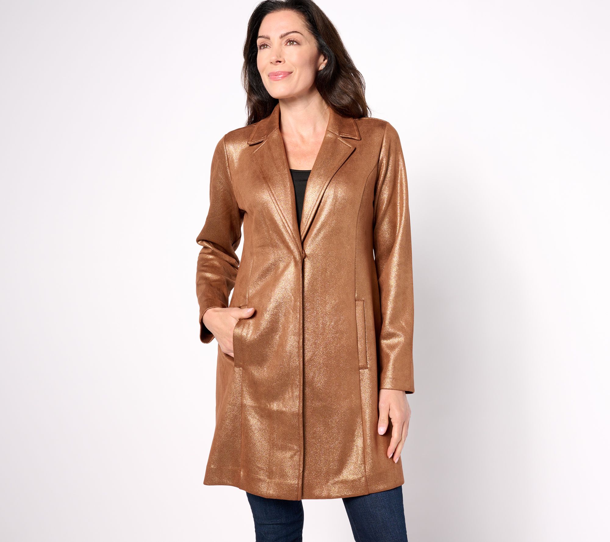 Isaac Mizrahi Live! Regular Foil Scuba Long Duster w/ Snap Closure