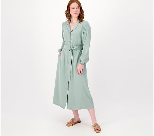 "As Is" Side Stitch Long Sleeve Button Front Midi Dress