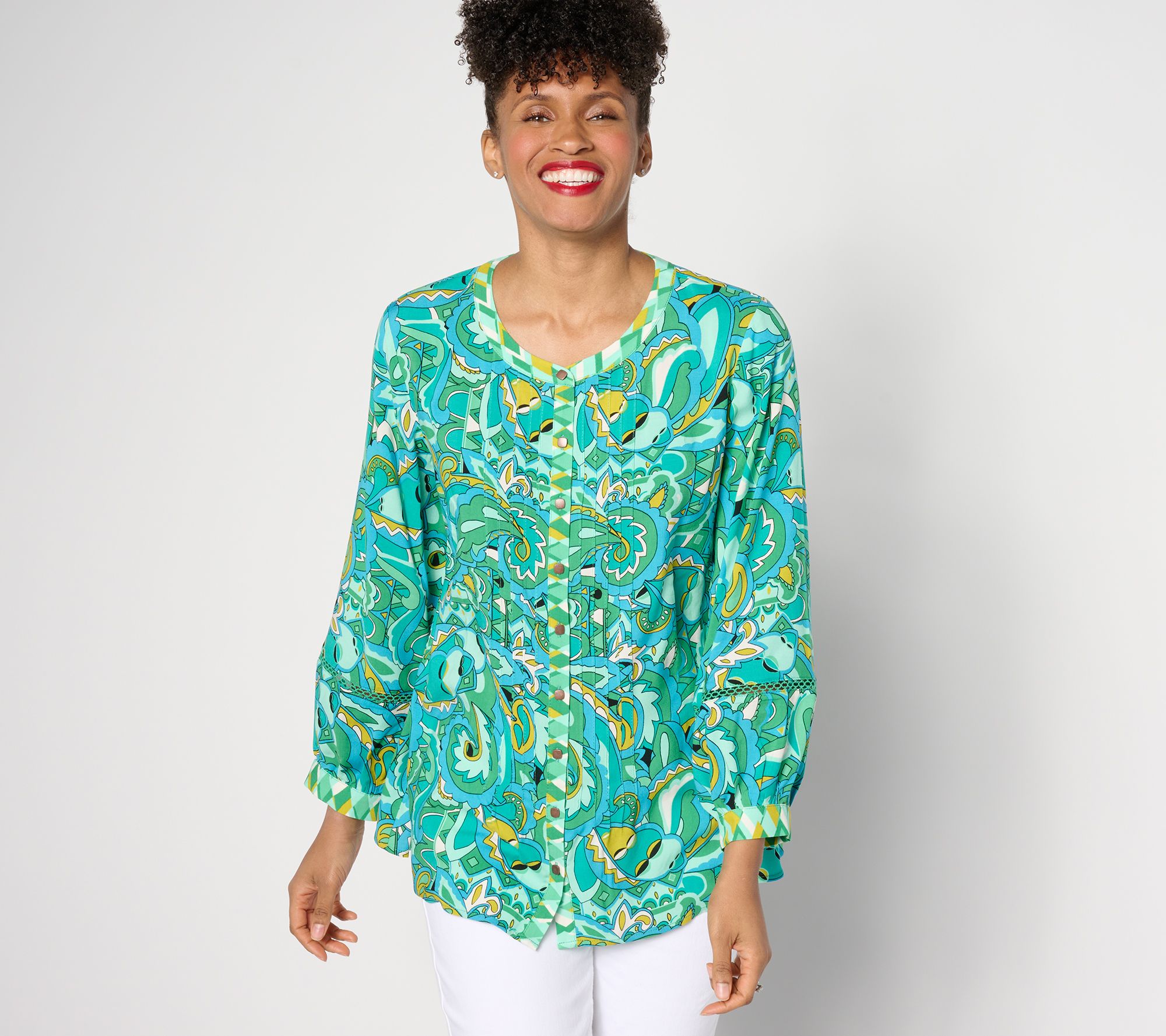 Susan Graver Passport Regular Rayon Challis Button Front Cardigan