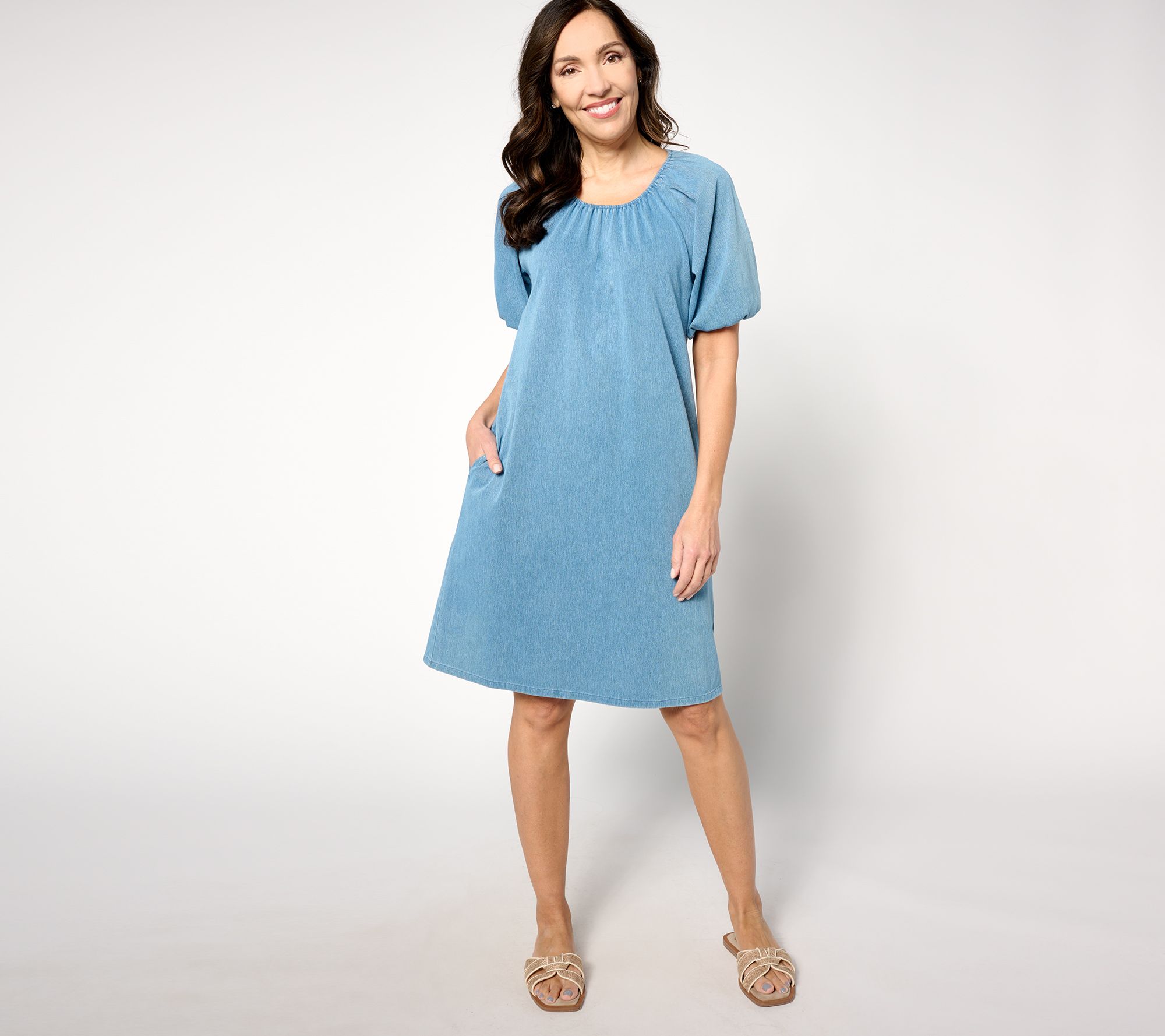 Denim Petite Comfy Knit Air Puff Sleeve Dress
