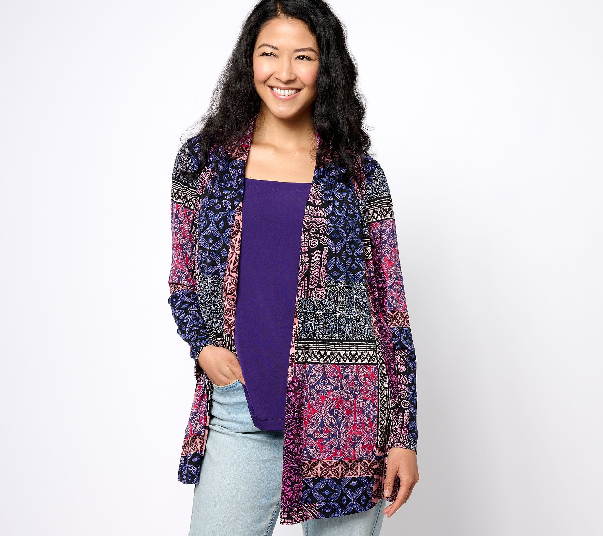 "As Is" Susan Graver Regular Printed Liquid Knit Cardigan and Tank Set