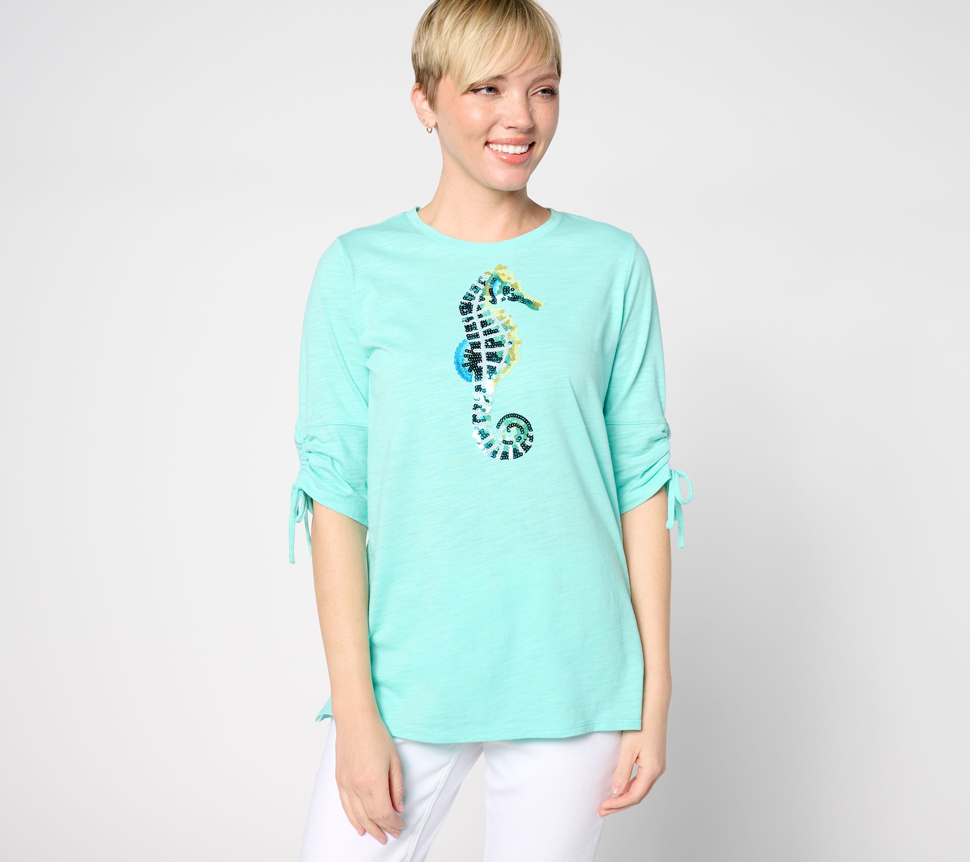 Quacker Factory Fancy Fauna Sequin Ruched Sleeve Top