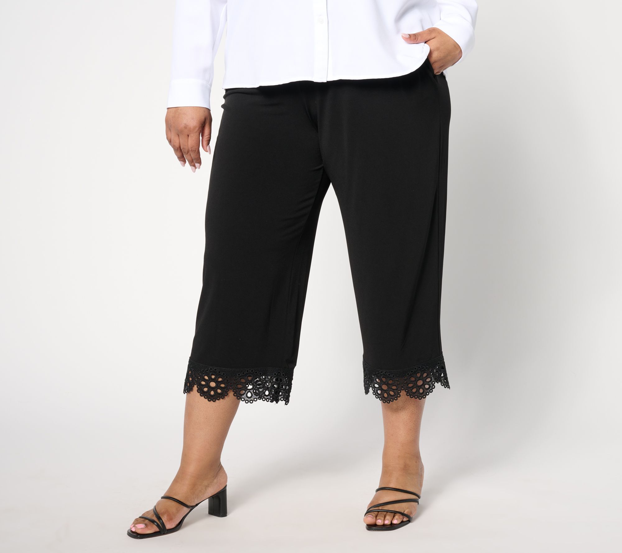 Susan Graver Petite Liquid Knit Wide-Leg Crop Pants with Lace Hem