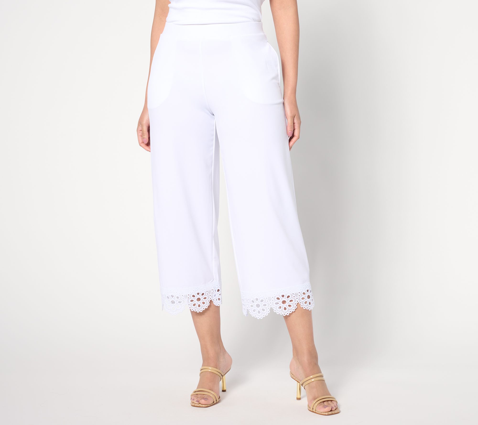 Susan Graver Petite Liquid Knit Wide-Leg Crop Pants with Lace Hem