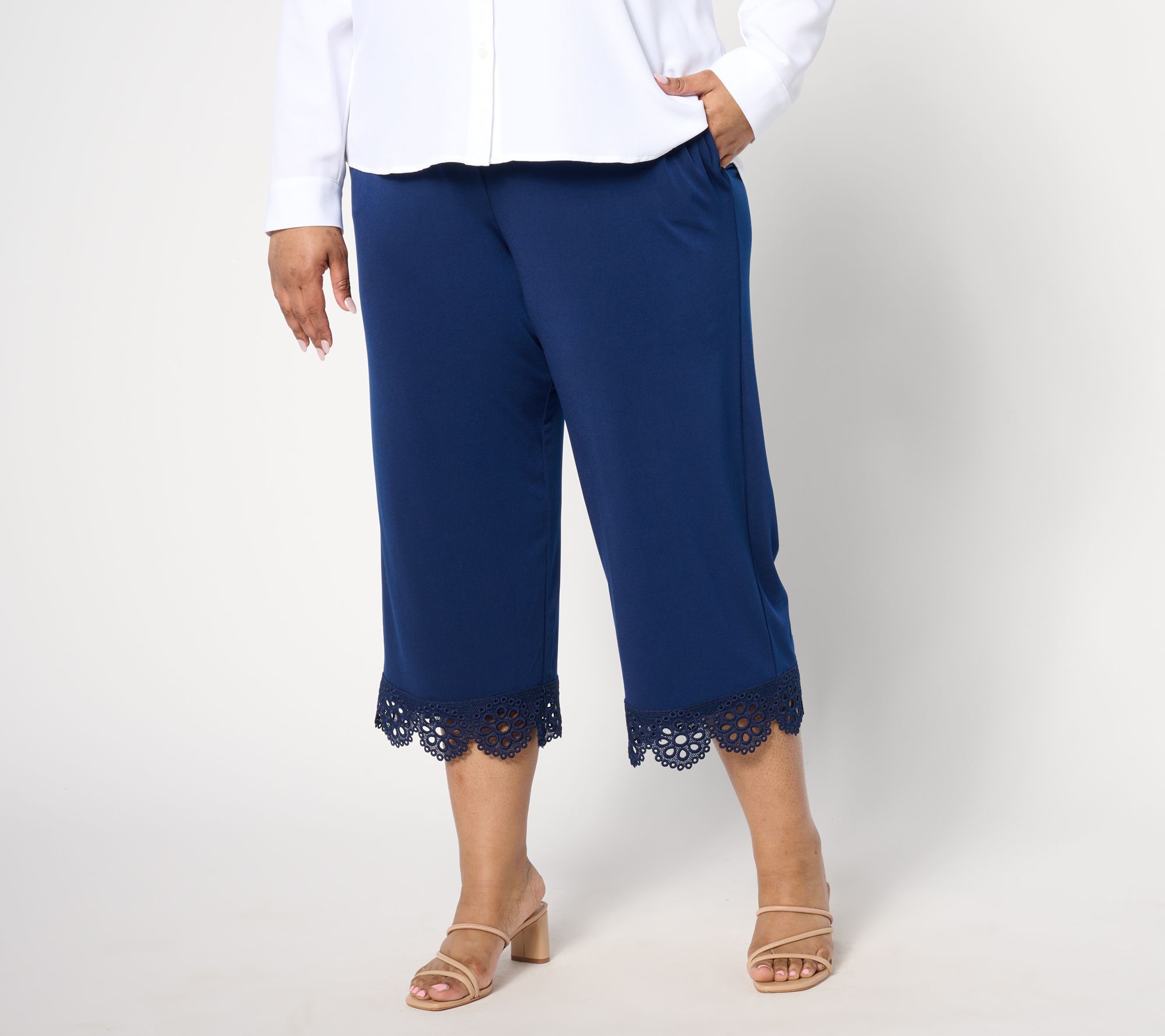 Susan Graver Petite Liquid Knit Wide-Leg Crop Pants with Lace Hem