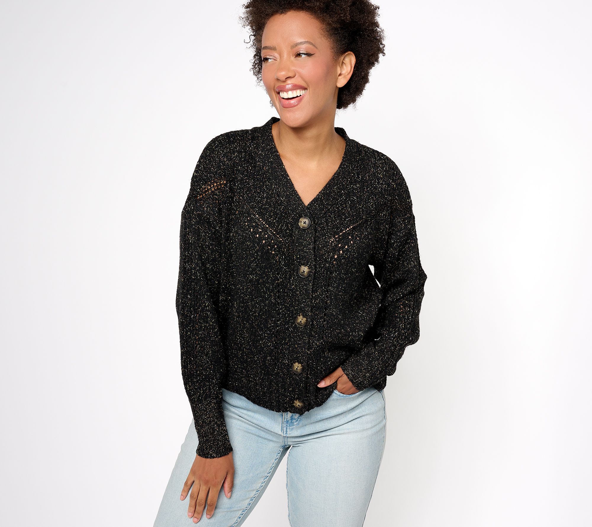 "As Is" AnyBody Novelty Stitch Button Front Cardigan