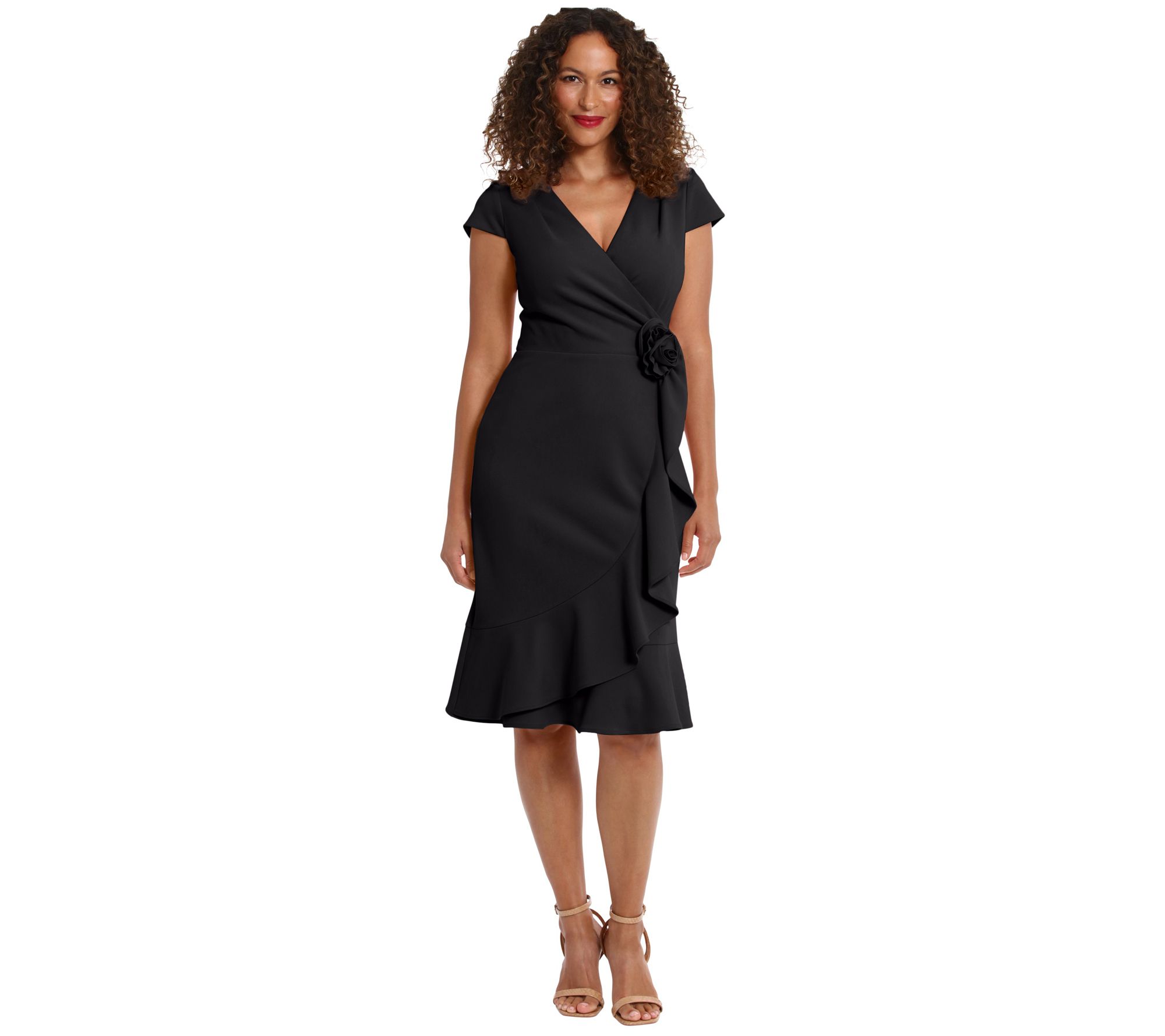 London Times Cap Sleeve Faux Wrap Dress with Rosette Detail