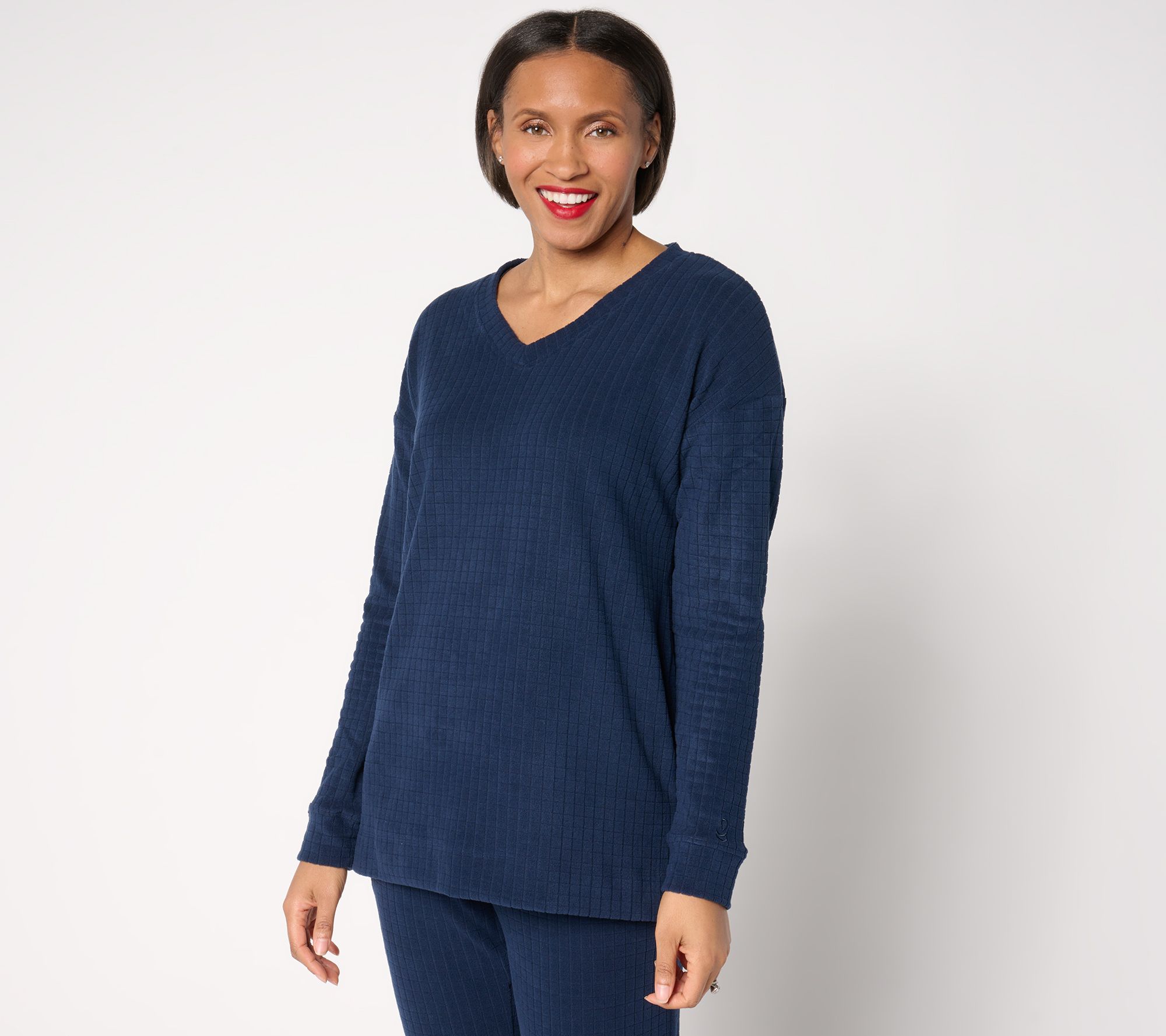 Cuddl Duds Grid Fleece V-Neck Pullover