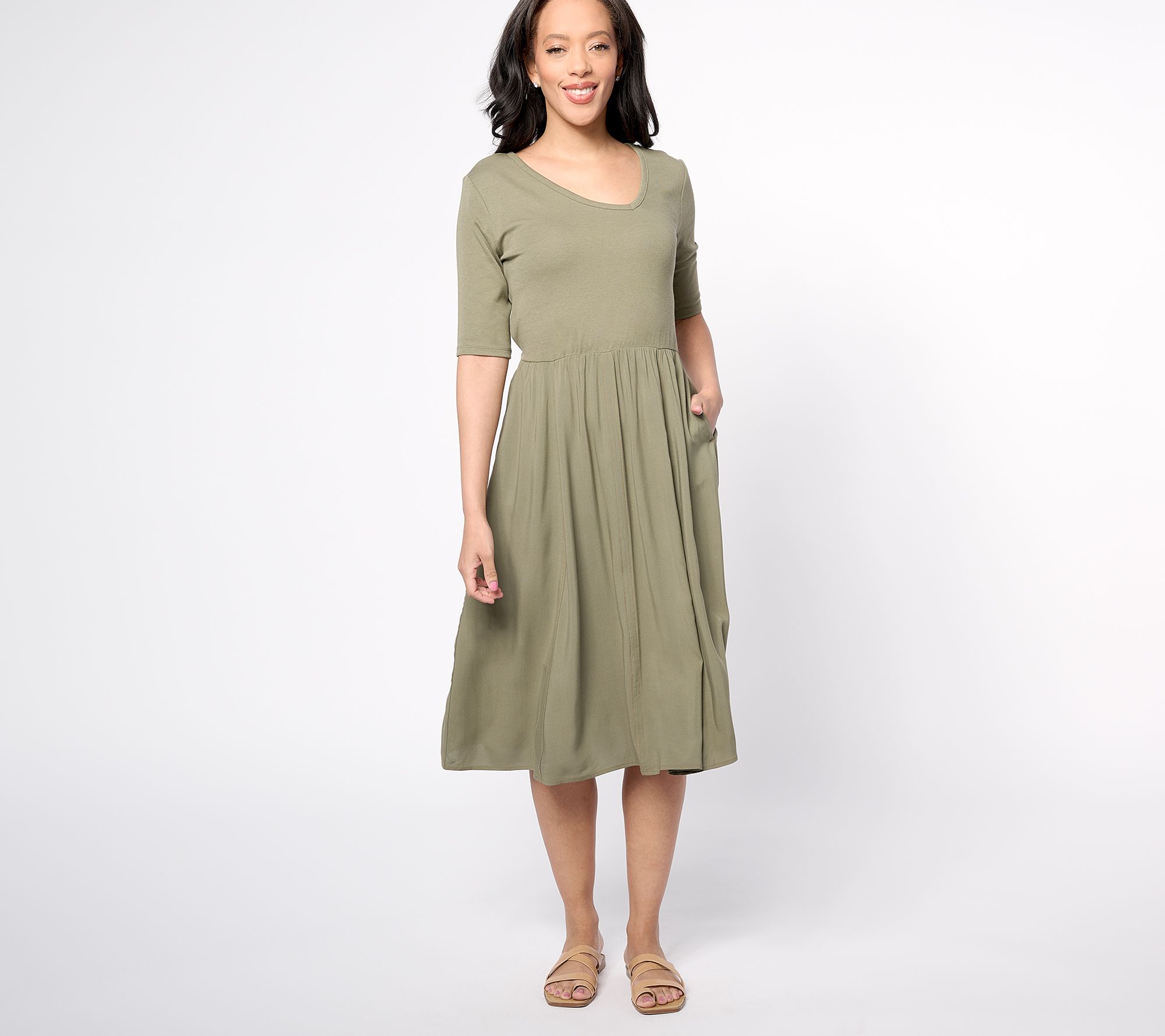 "As Is" Peace Love World Petite Knit to Woven V-Neck Dress