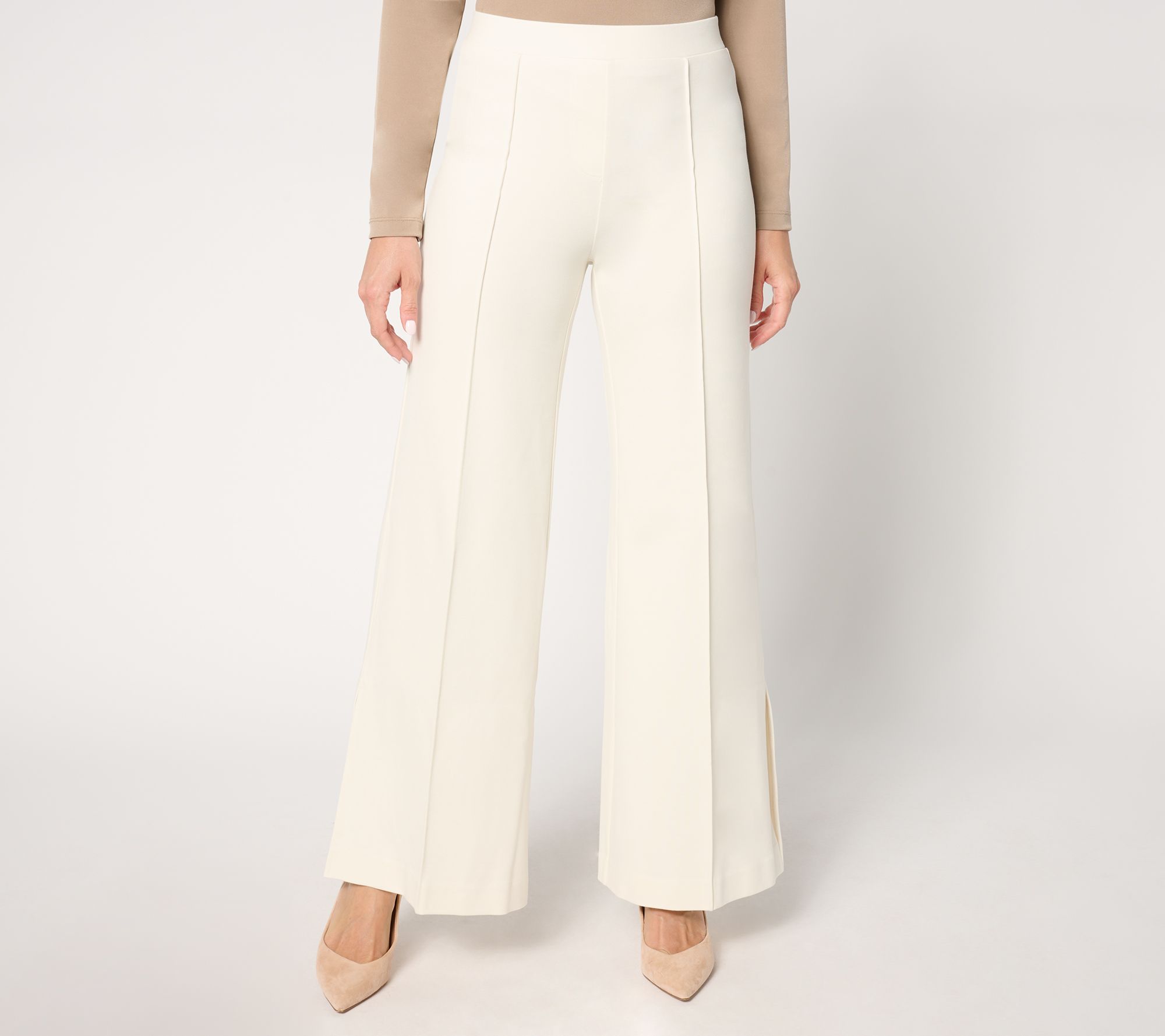 Peace Love World Petite Ponte Wide Flare Pant with Front Seam
