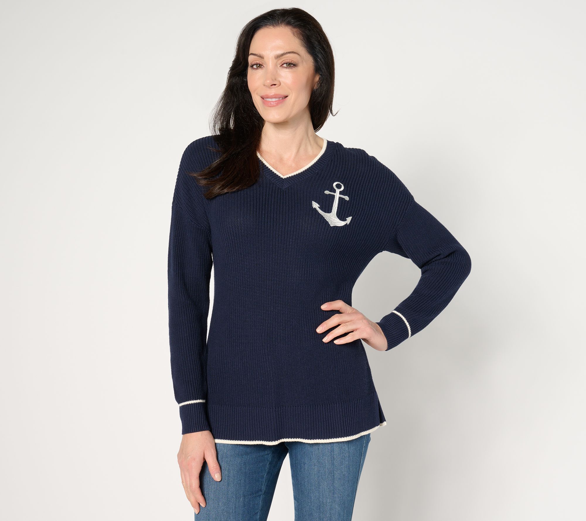Belle by Kim Gravel Anchors Away Shaker Knit V-Neck Sweater