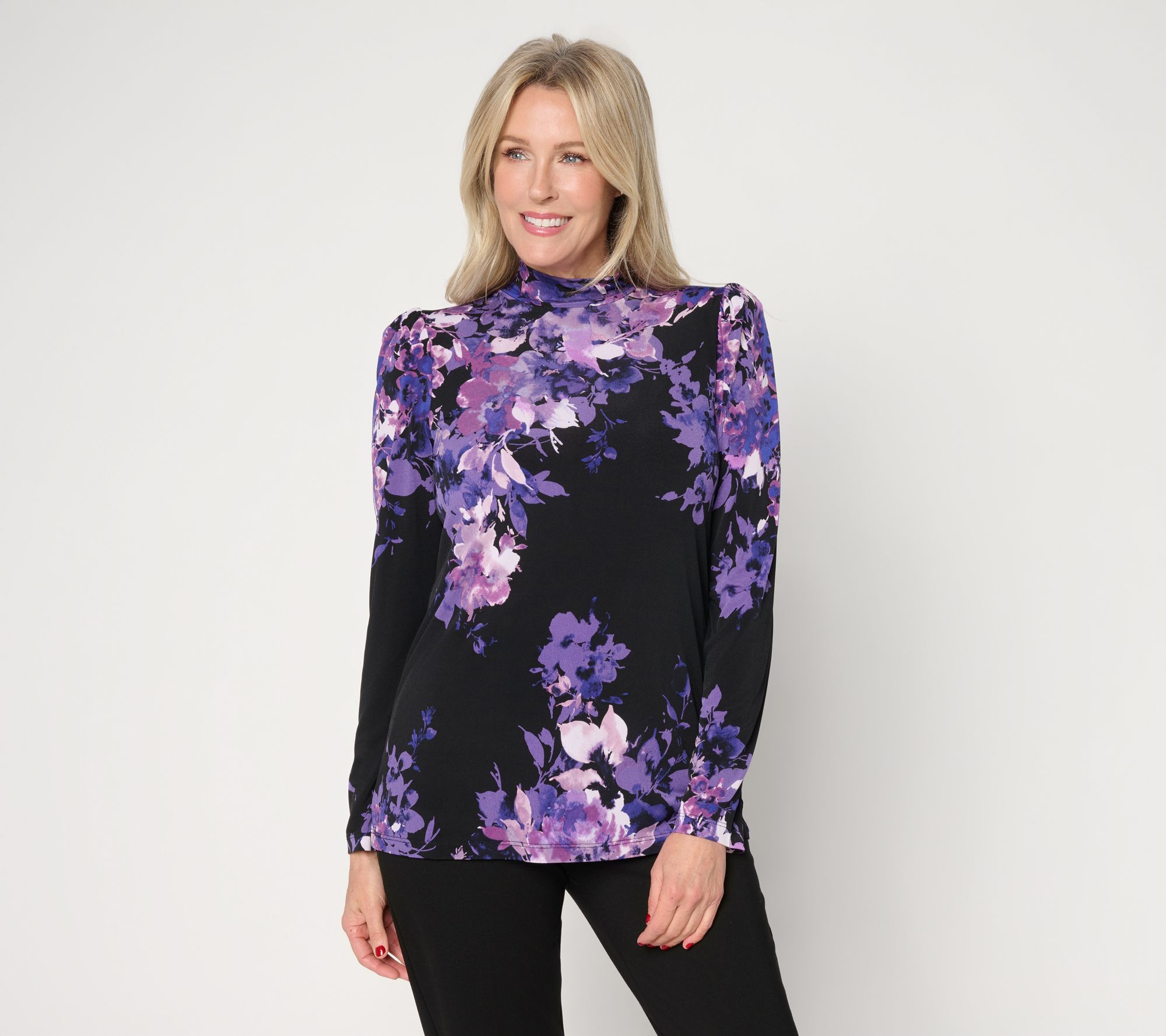 Susan Graver Printed Liquid Knit Puff Sleeve Mock Neck Top - QVC.com