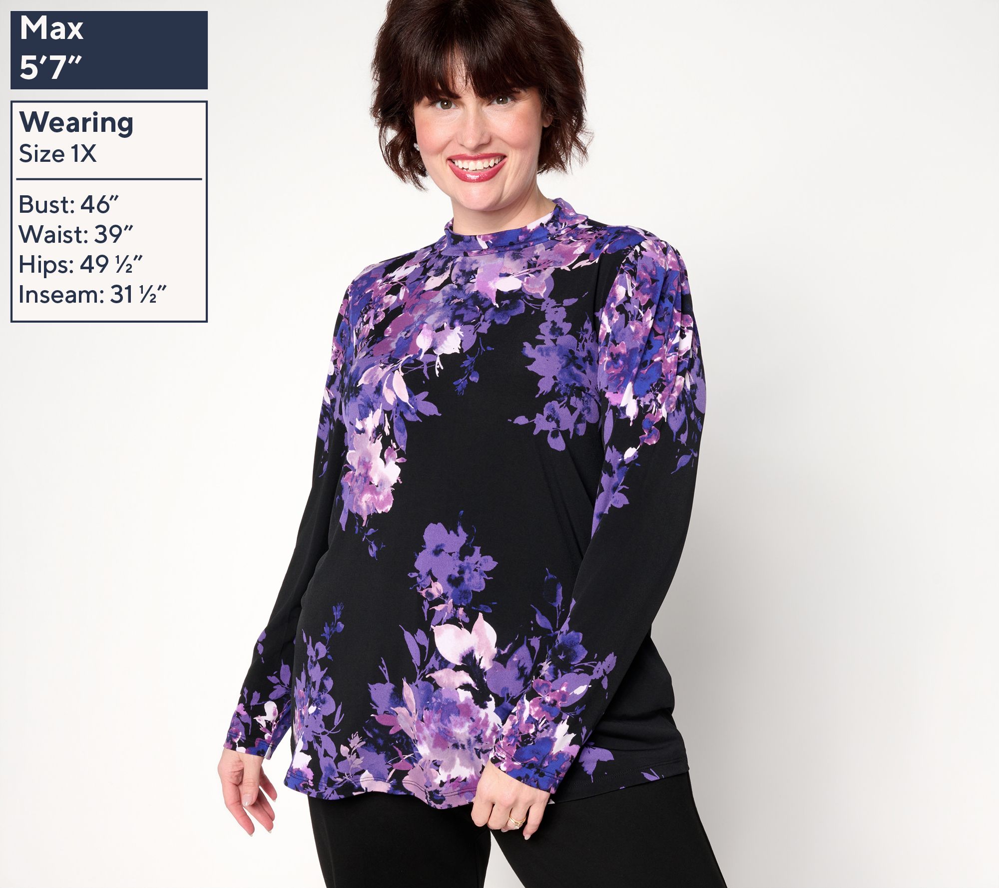 Susan Graver Printed Liquid Knit Puff Sleeve Mock Neck Top - QVC.com