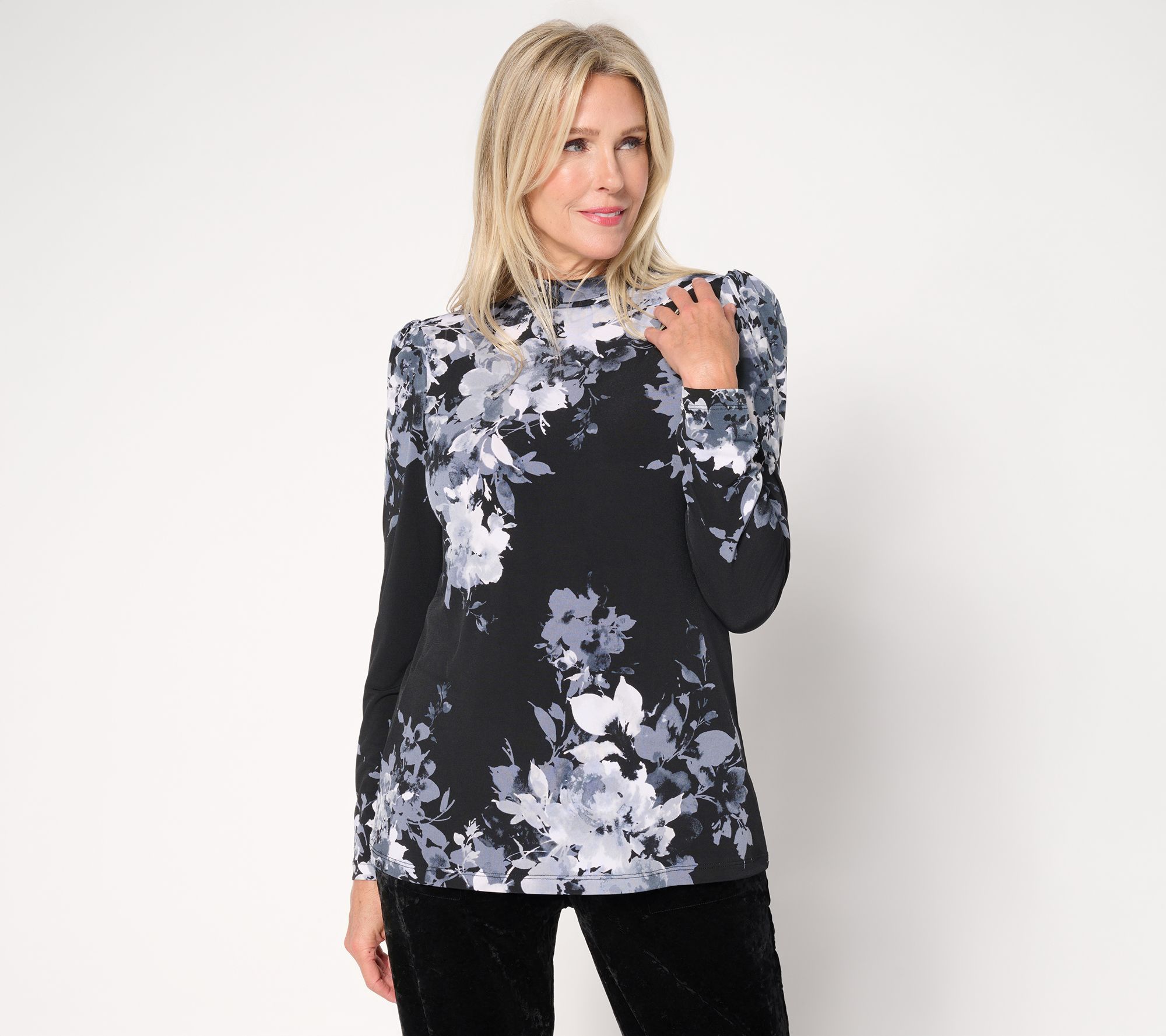 Susan Graver Printed Liquid Knit Puff Sleeve Mock Neck Top
