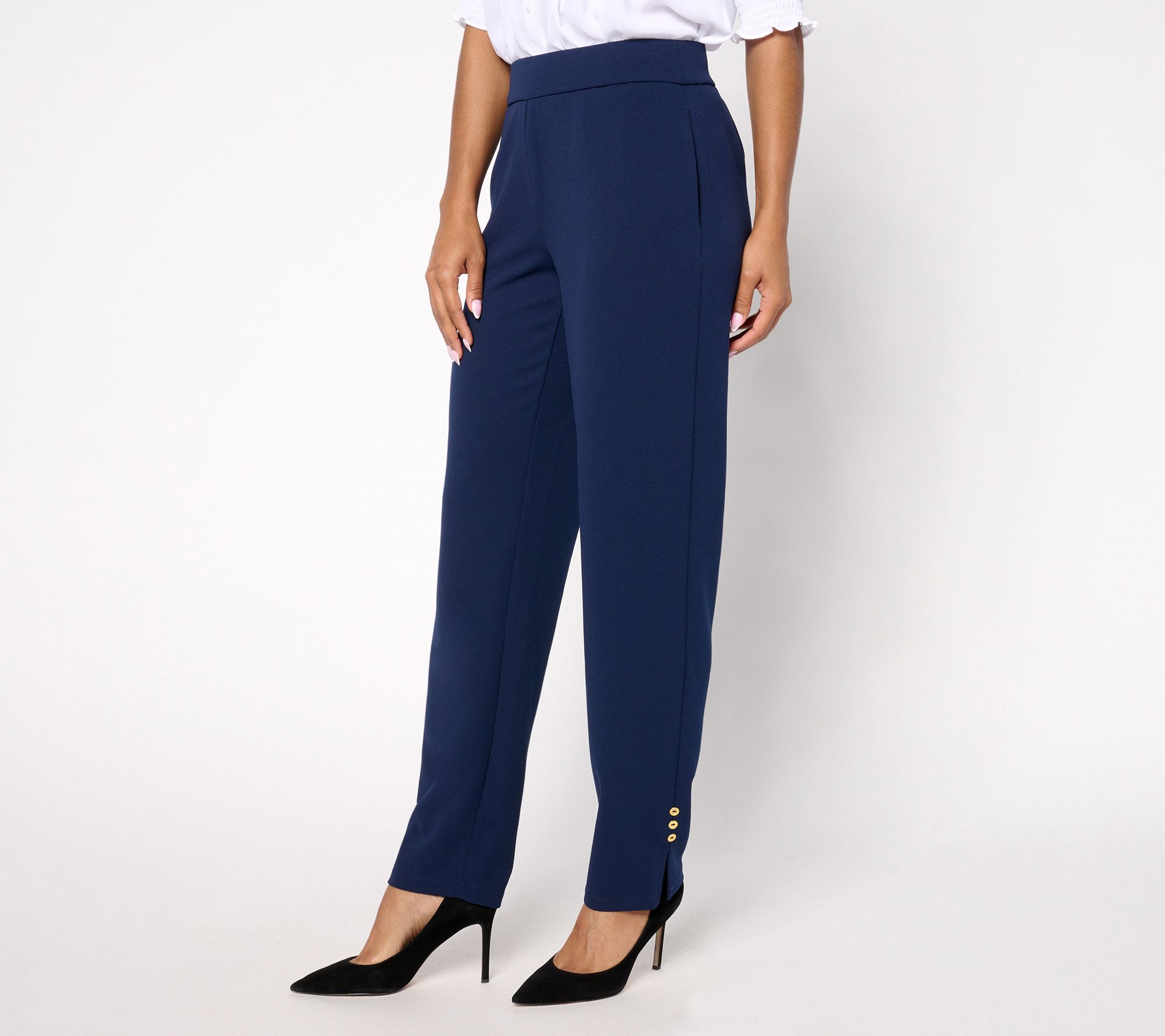 Dennis Basso Petite Luxe Crepe Slim Leg Pants w/Button Detail