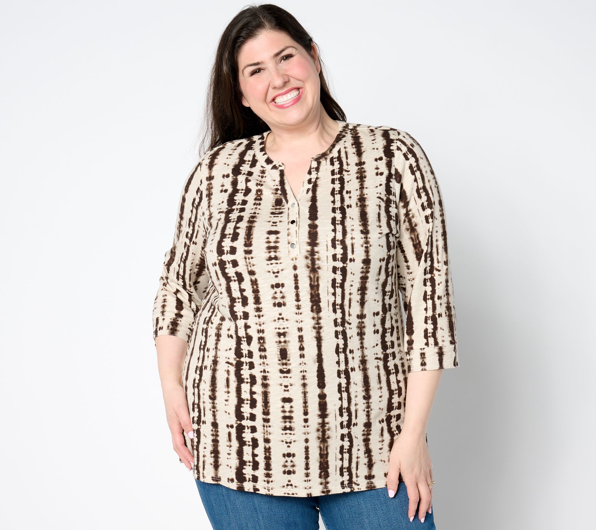 "As Is" Denim & Co. Petite Texture Knit 3/4 Sleeve Henley Tunic