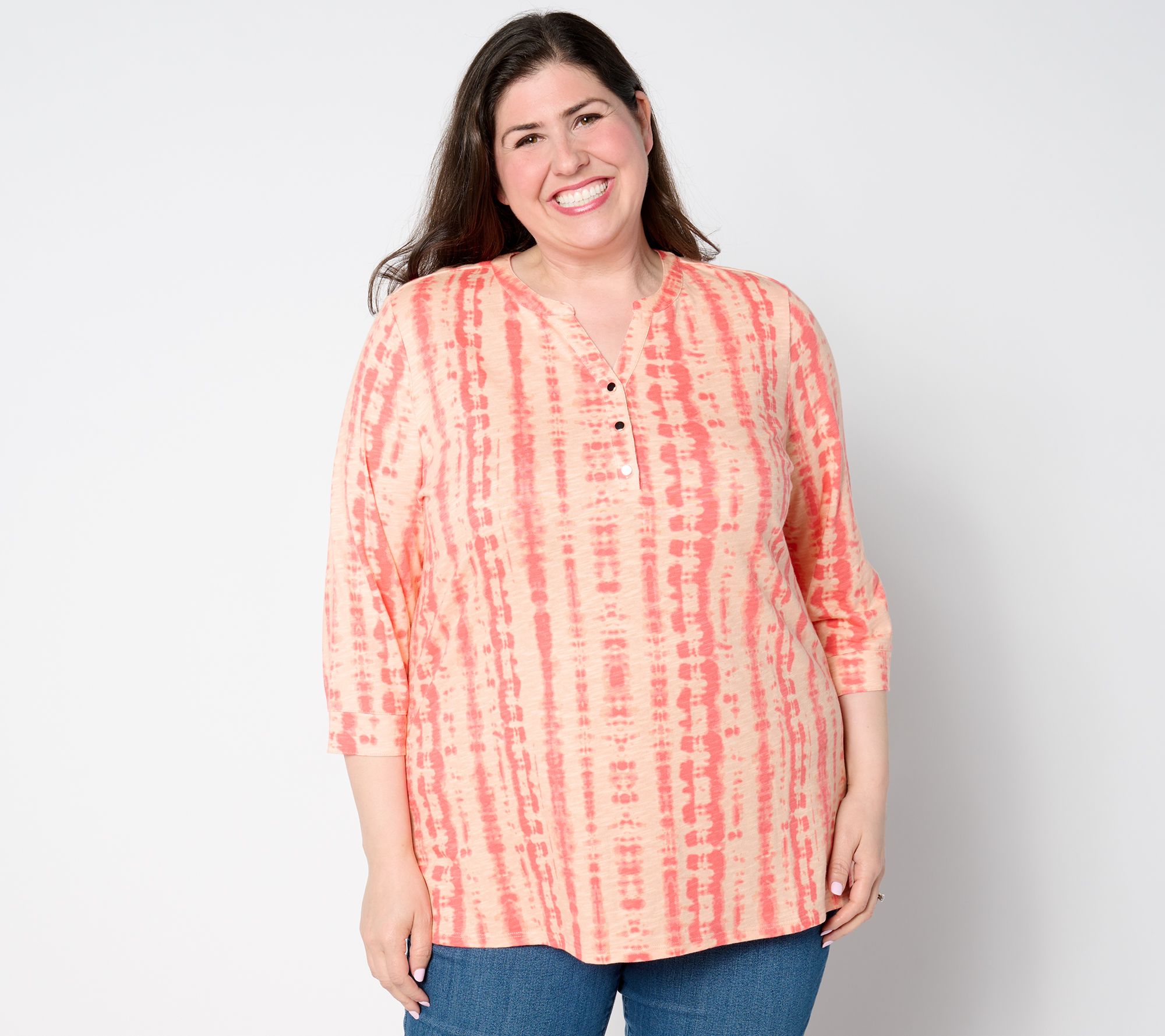 "As Is" Denim & Co. Petite Texture Knit 3/4 Sleeve Henley Tunic