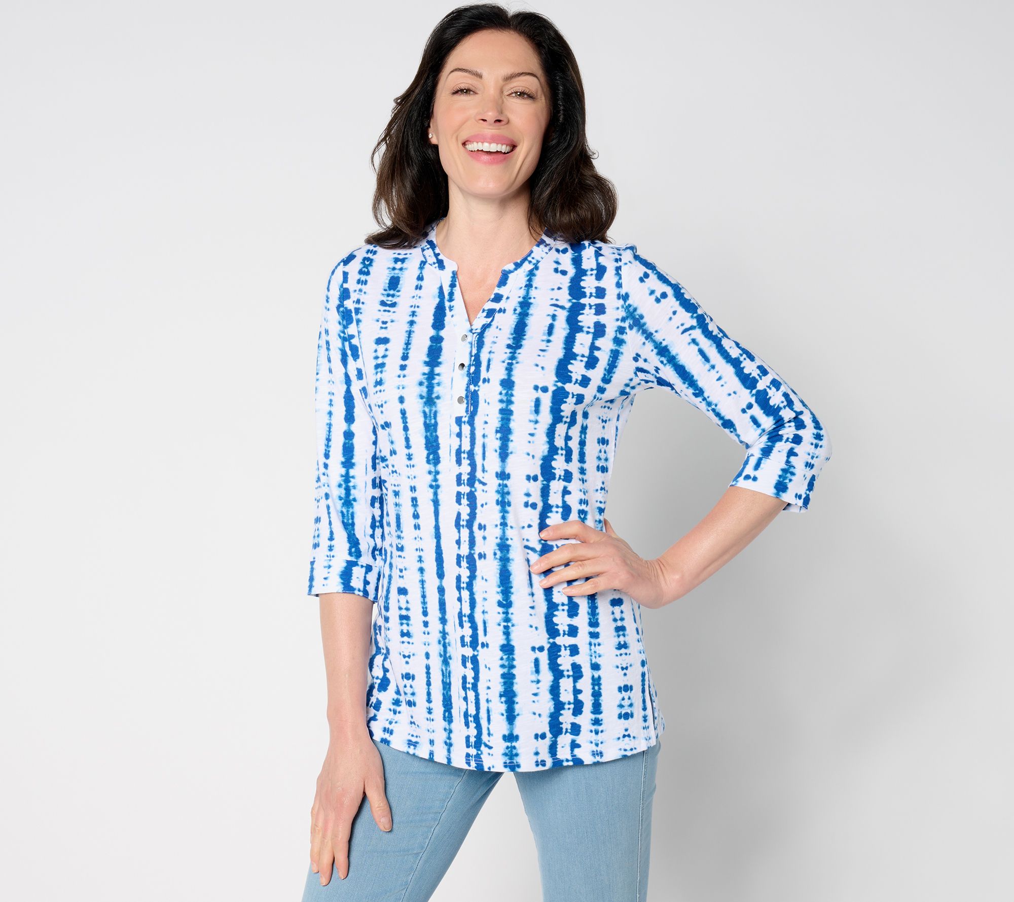 "As Is" Denim & Co. Petite Texture Knit 3/4 Sleeve Henley Tunic