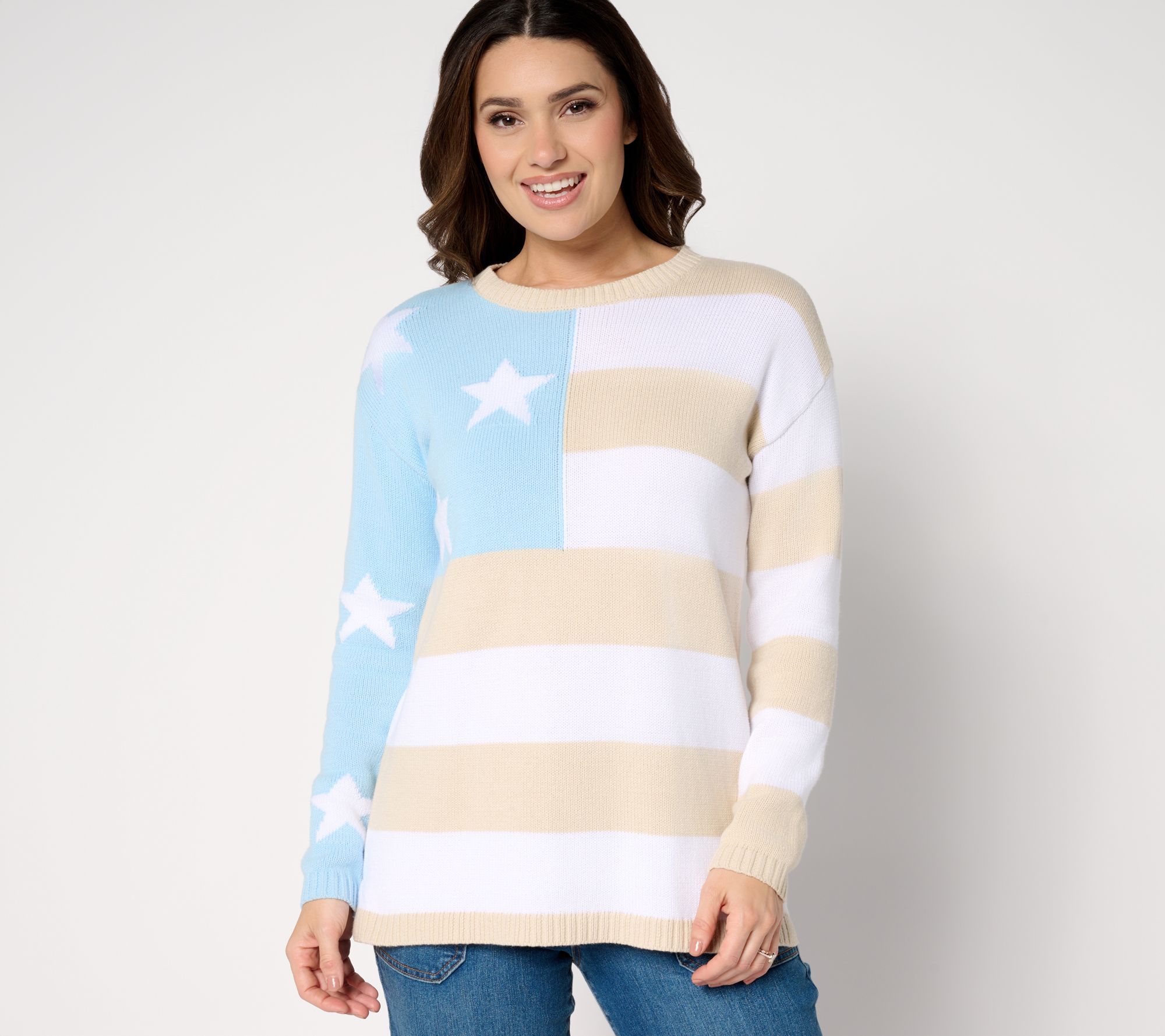 Denim & Co. Americana 100% Cotton Drop Shoulder Flag Sweater