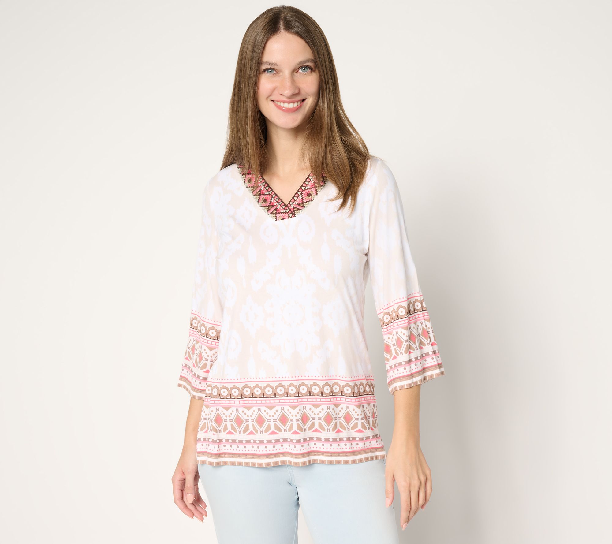 Belle by Kim Gravel Rayon Spandex Aloha Awaits V Neck Trim Top