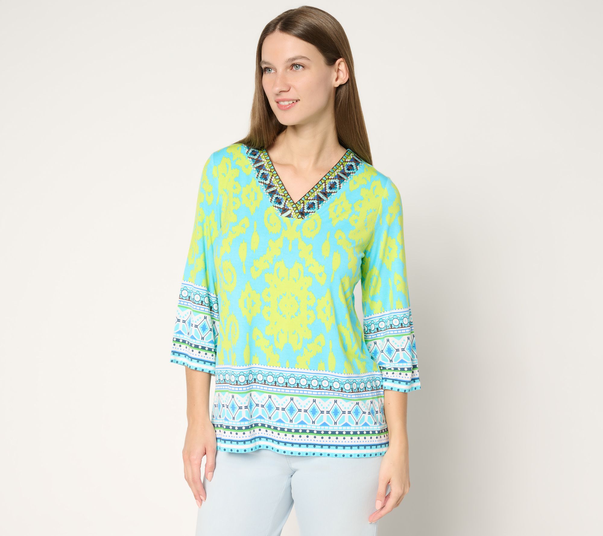 Belle by Kim Gravel Rayon Spandex Aloha Awaits V Neck Trim Top