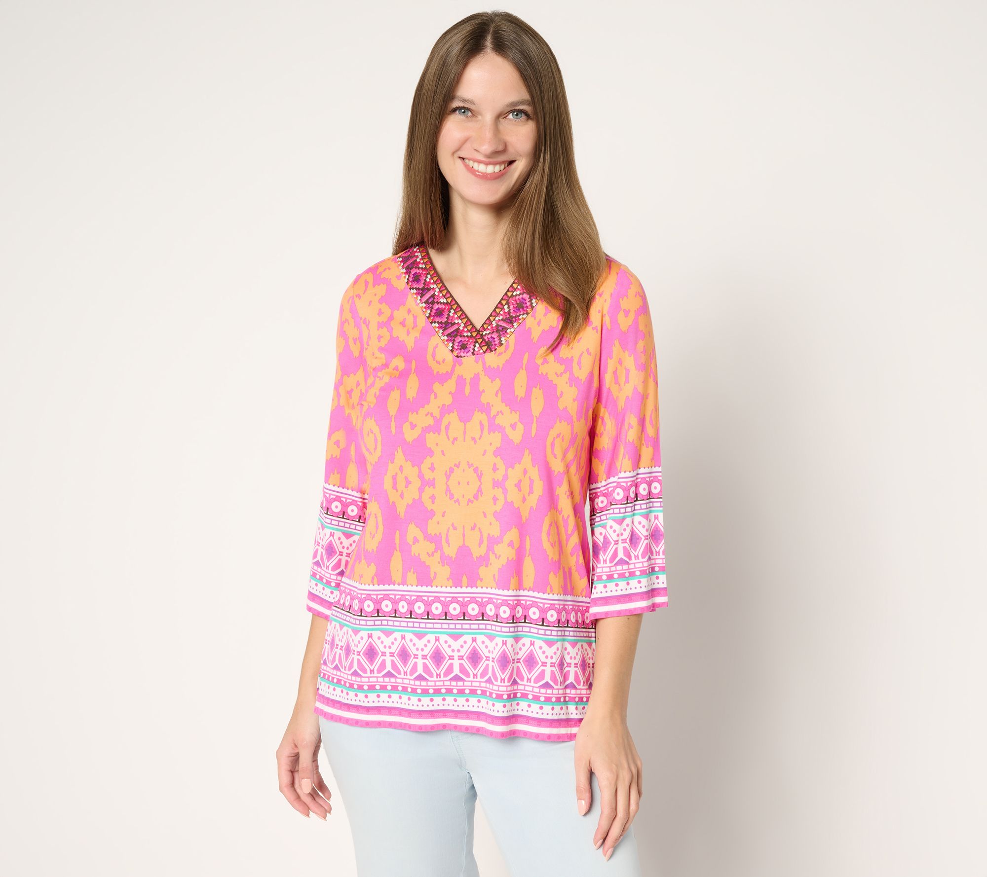 Belle by Kim Gravel Rayon Spandex Aloha Awaits V Neck Trim Top